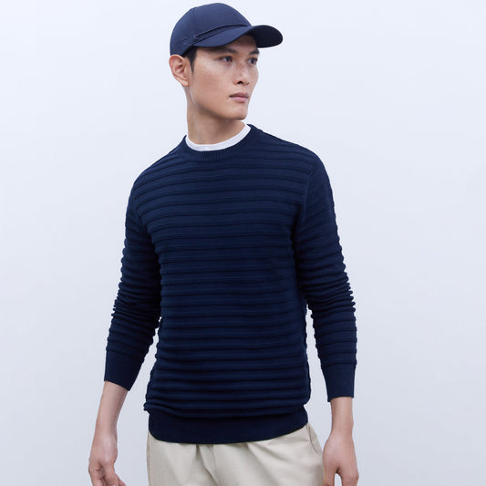 Navy Blue Striped Crew Neck Sweater