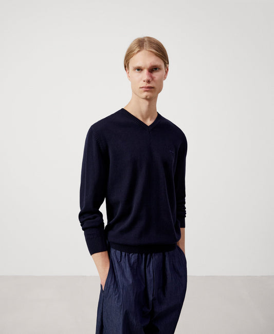 Navy Blue Cotton And Wool V-Neck Sweater