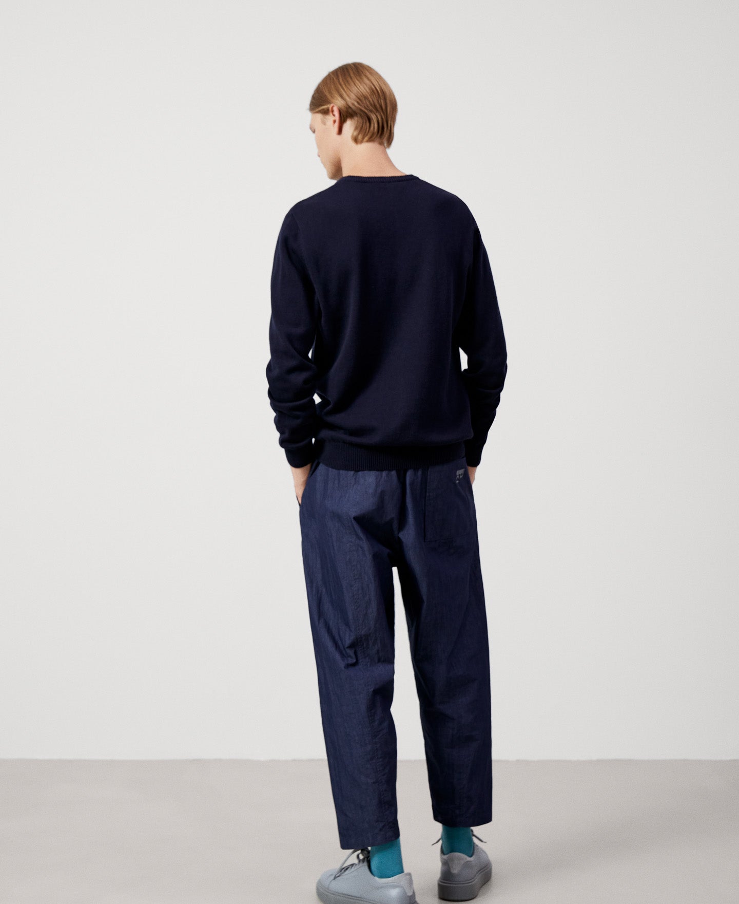 Navy Blue Cotton And Wool V-Neck Sweater