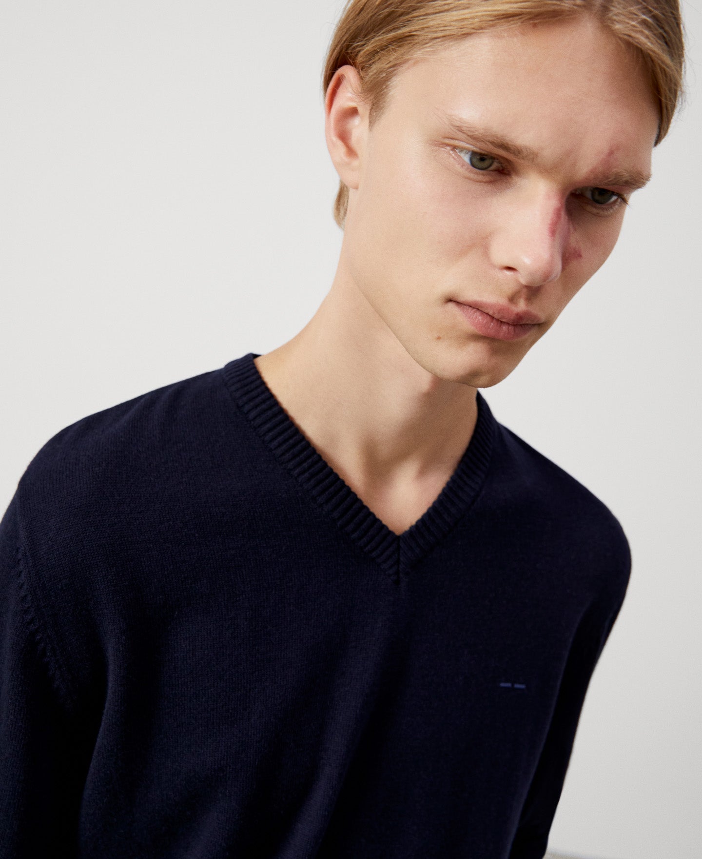 Navy Blue Cotton And Wool V-Neck Sweater