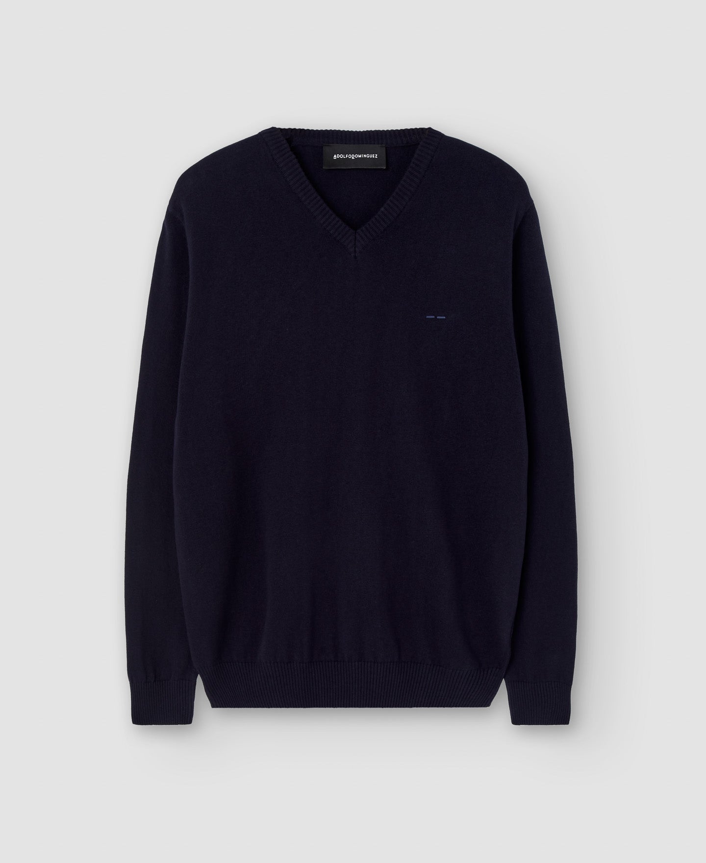 Navy Blue Cotton And Wool V-Neck Sweater