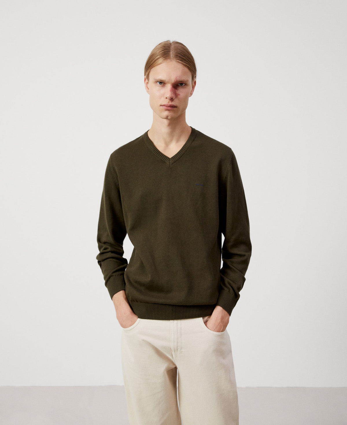 Khaki Cotton And Wool V-Neck Sweater