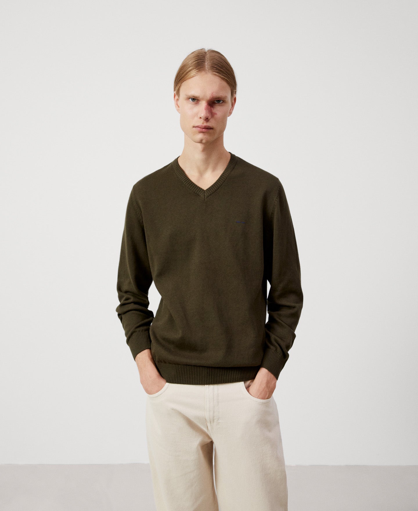 Khaki Cotton And Wool V-Neck Sweater