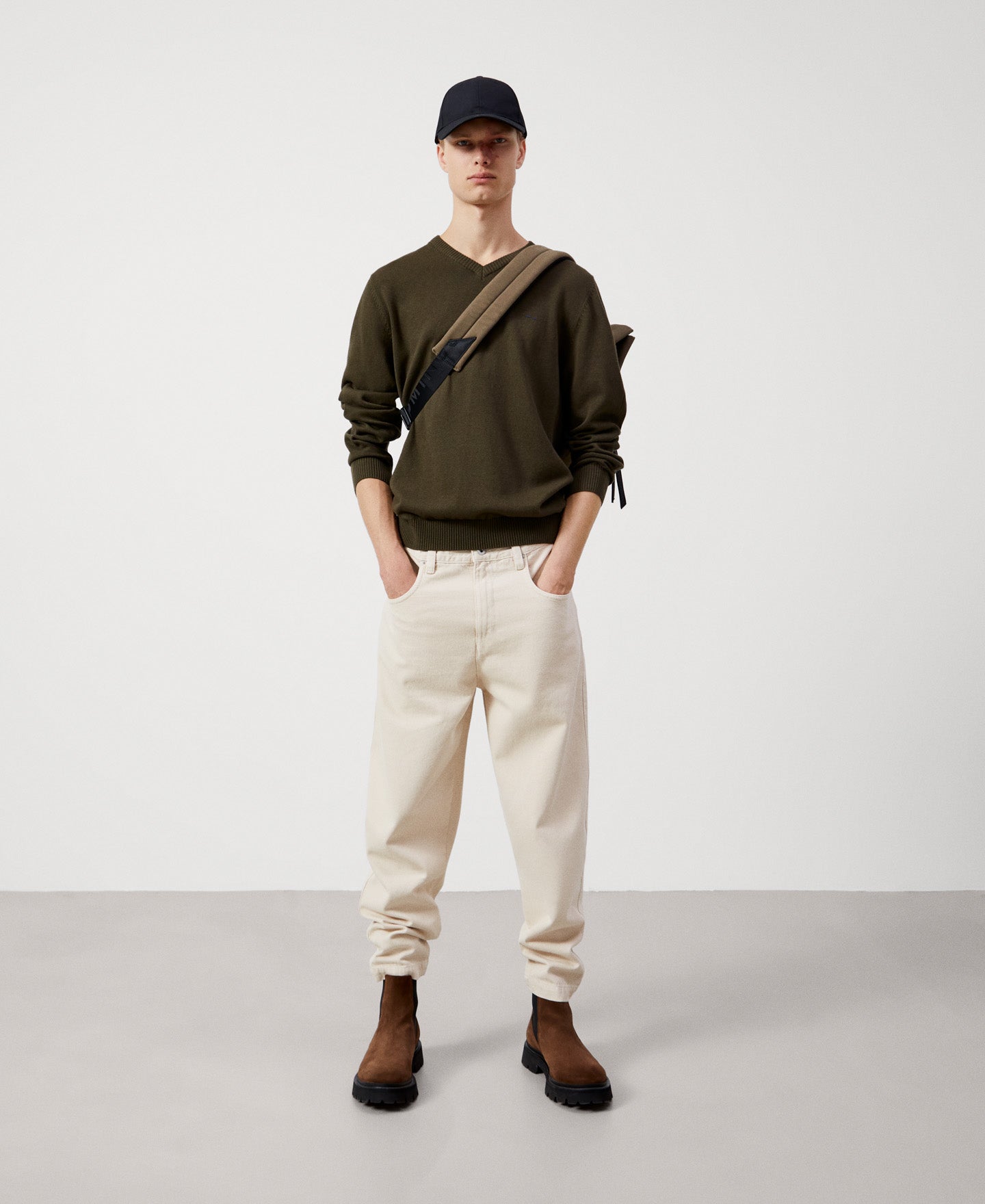Khaki Cotton And Wool V-Neck Sweater