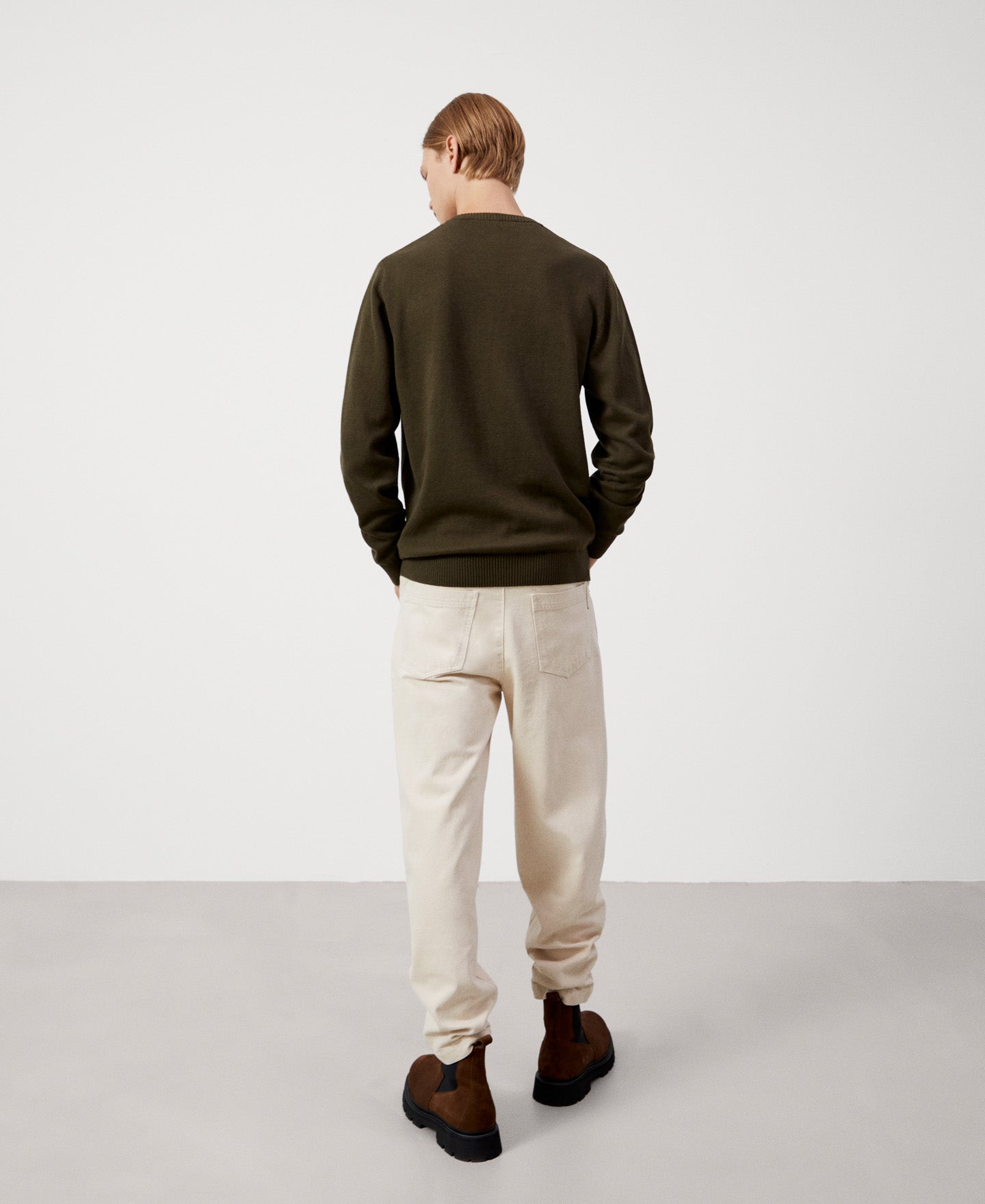 Khaki Cotton And Wool V-Neck Sweater