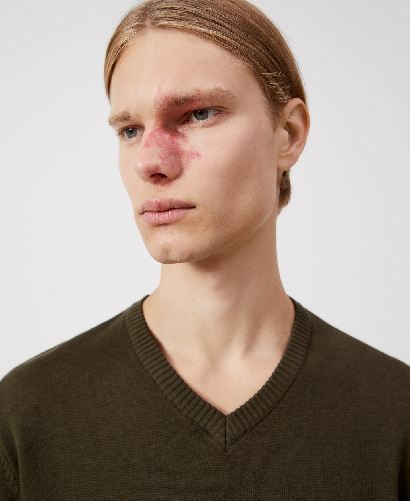 Khaki Cotton And Wool V-Neck Sweater