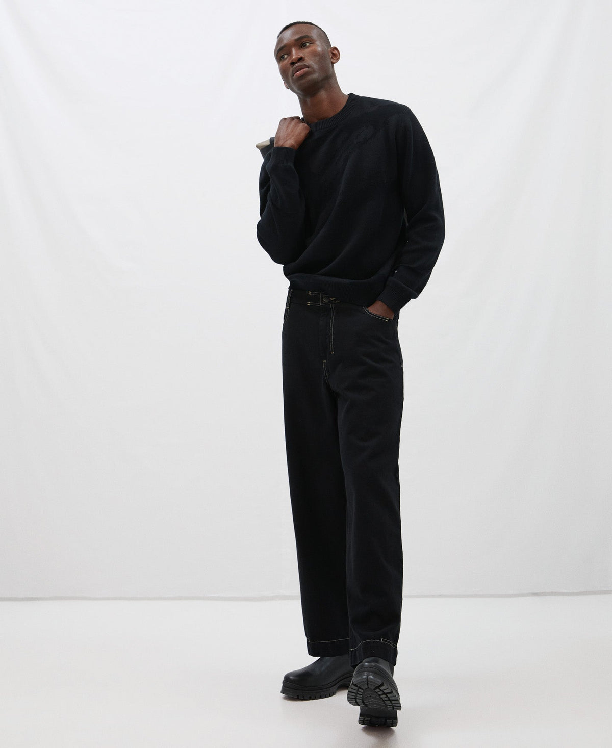 Black Cotton Plated Knit Sweater