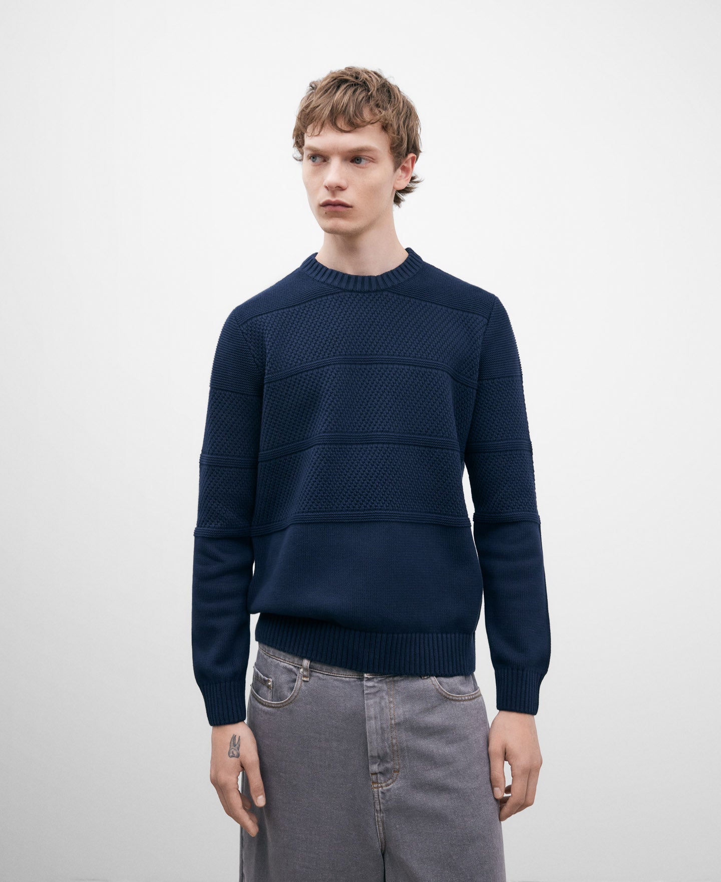 Blue Cotton Crew Neck Sweater