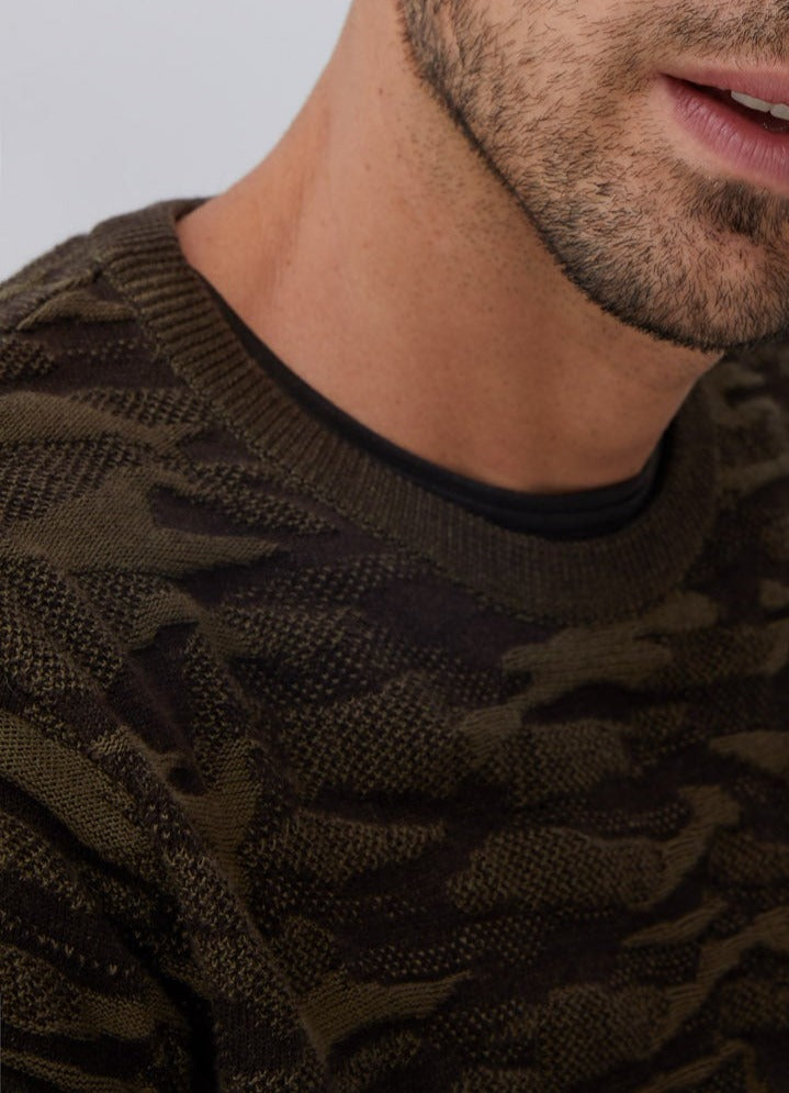 Brown Cotton Sweater With Military Intarsia