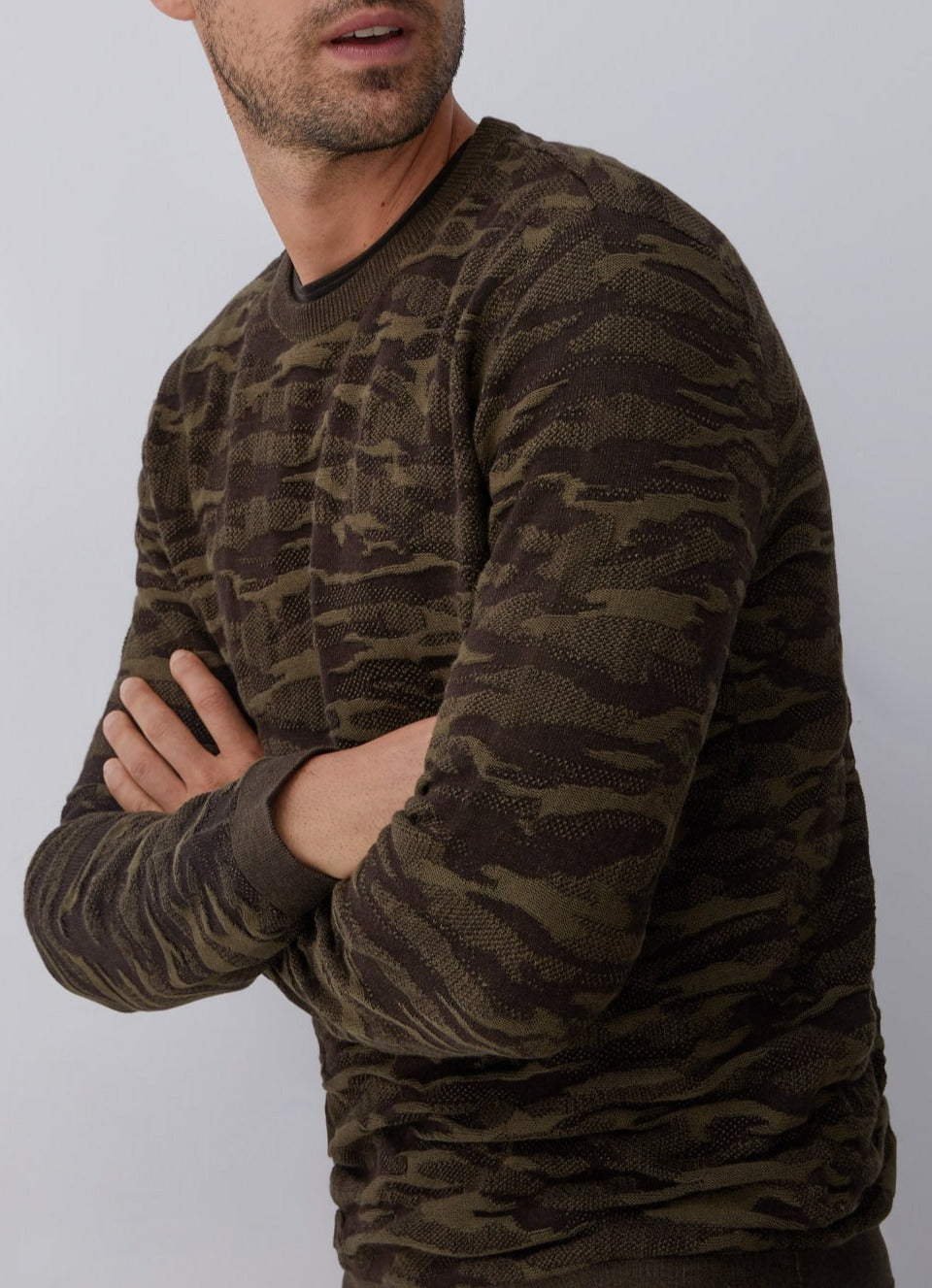 Brown Cotton Sweater With Military Intarsia