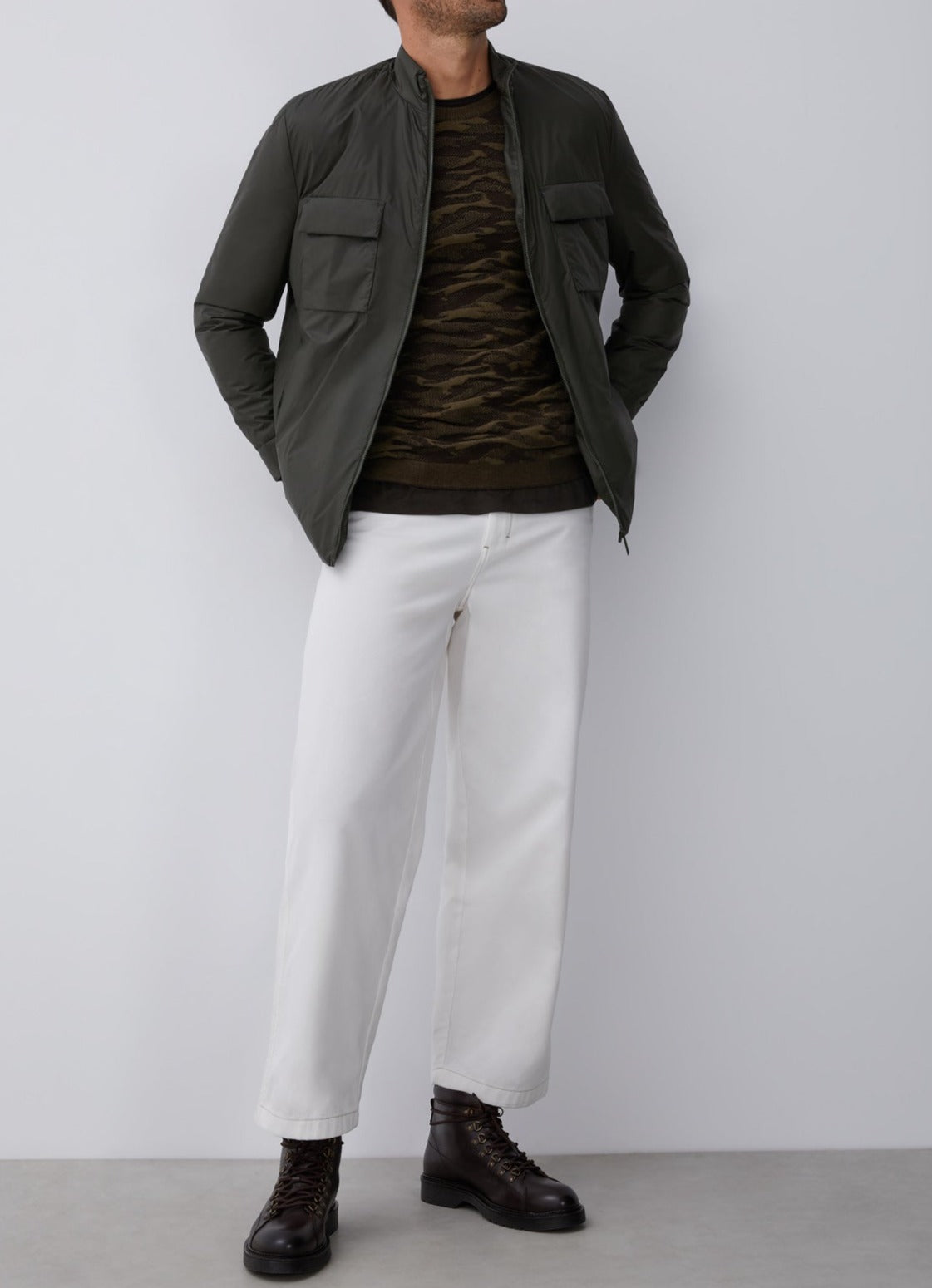 Brown Cotton Sweater With Military Intarsia