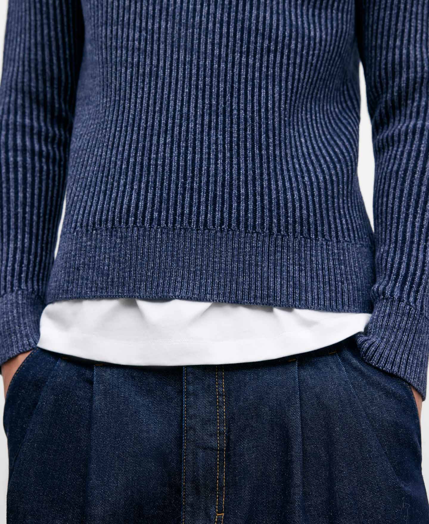 Blue Melange Knitted Sweater For Men