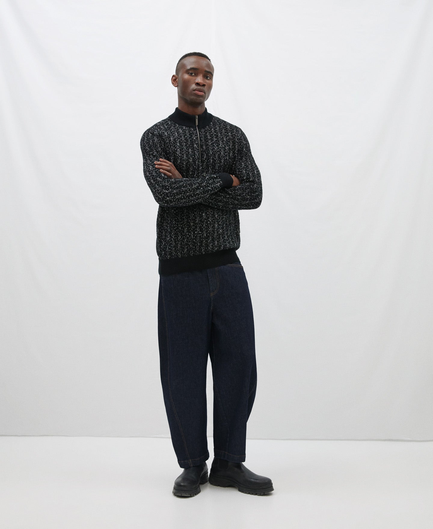 Grey/Black Cotton Cardigan With Perkins Collar