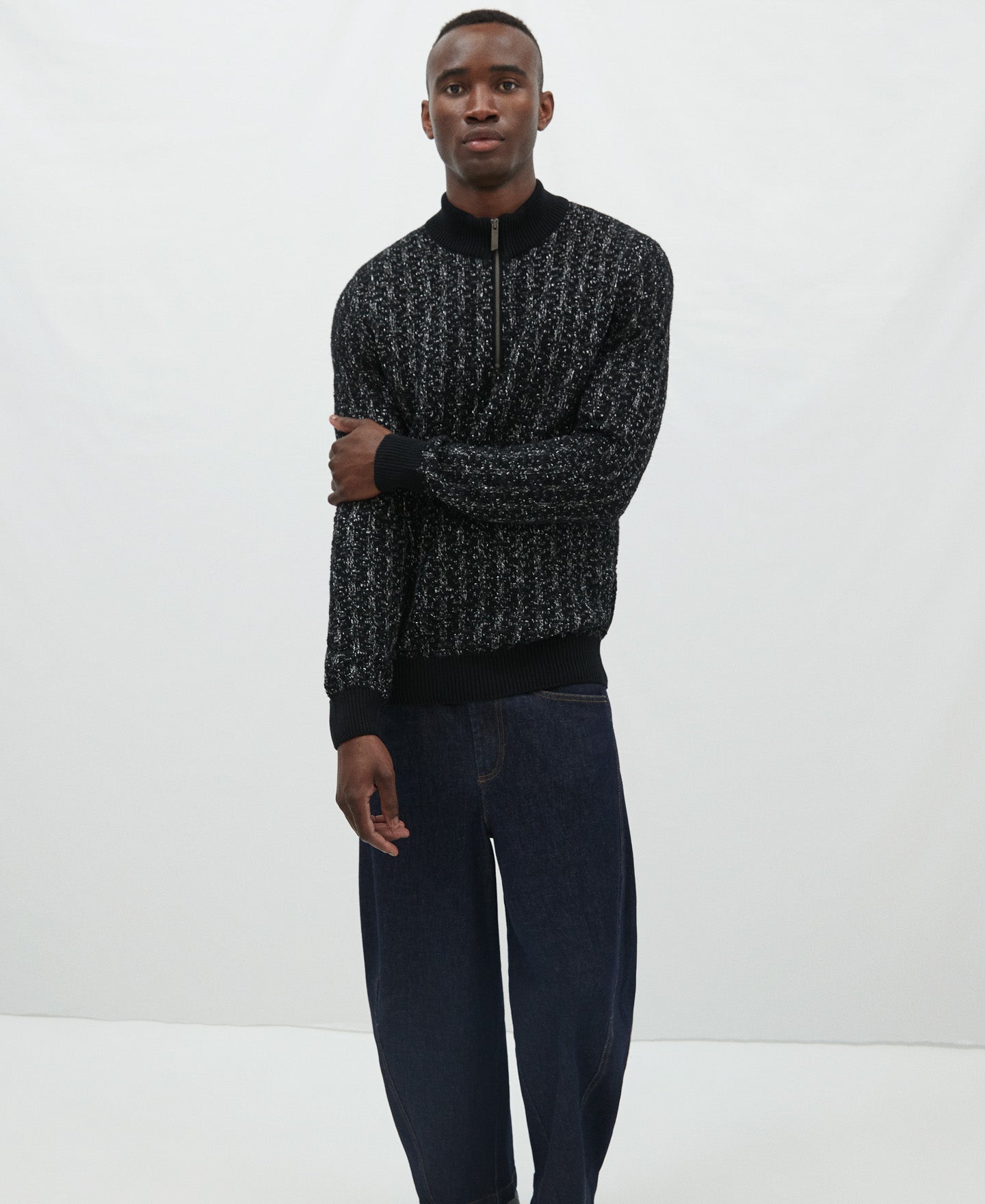 Grey/Black Cotton Cardigan With Perkins Collar