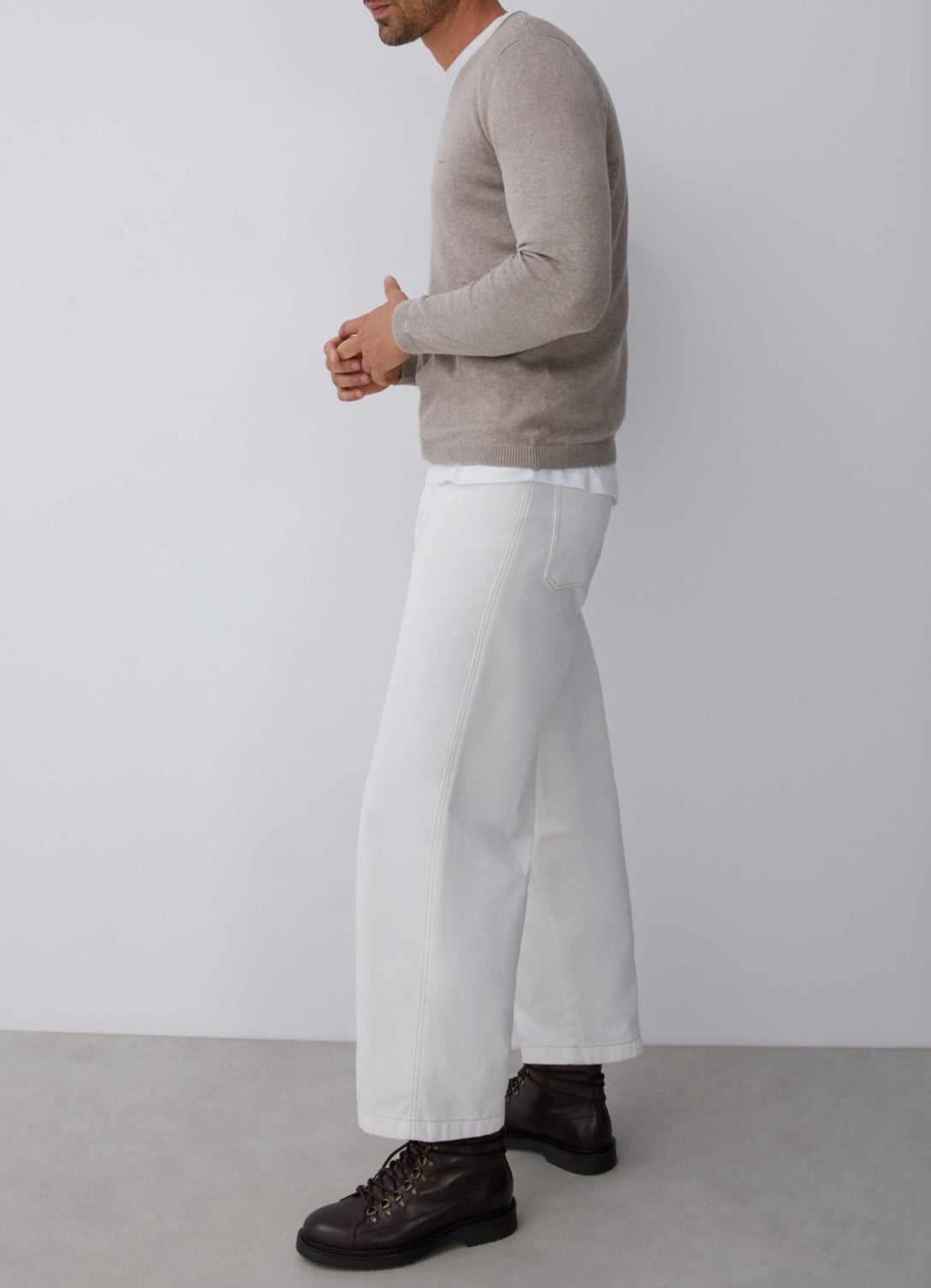 Grey V-Neckline Sweater With Roll Edge Collar