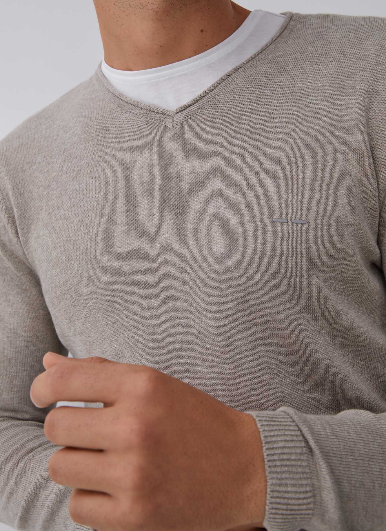 Grey V-Neckline Sweater With Roll Edge Collar