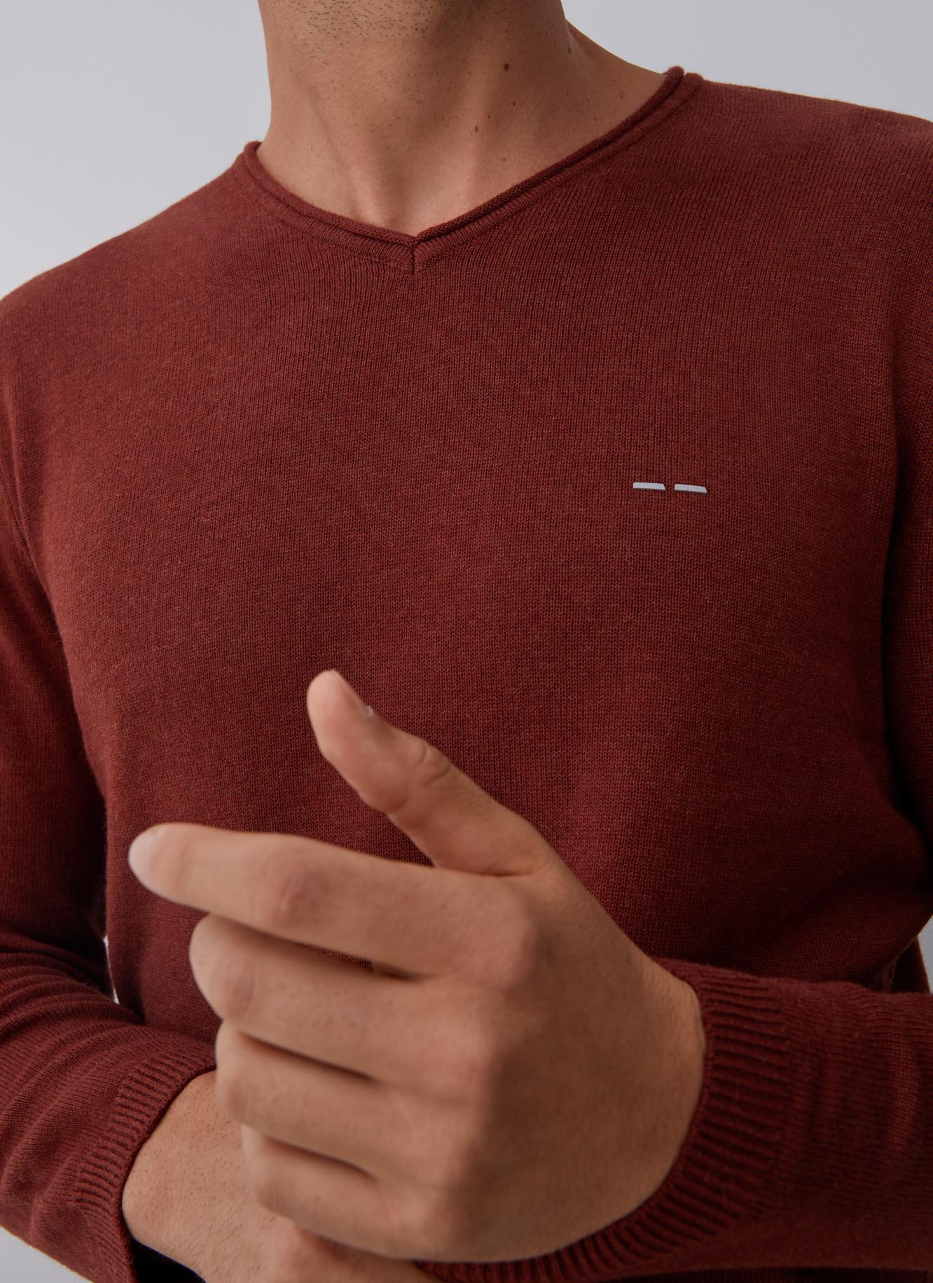 Red V-Neckline Sweater With Roll Edge Collar