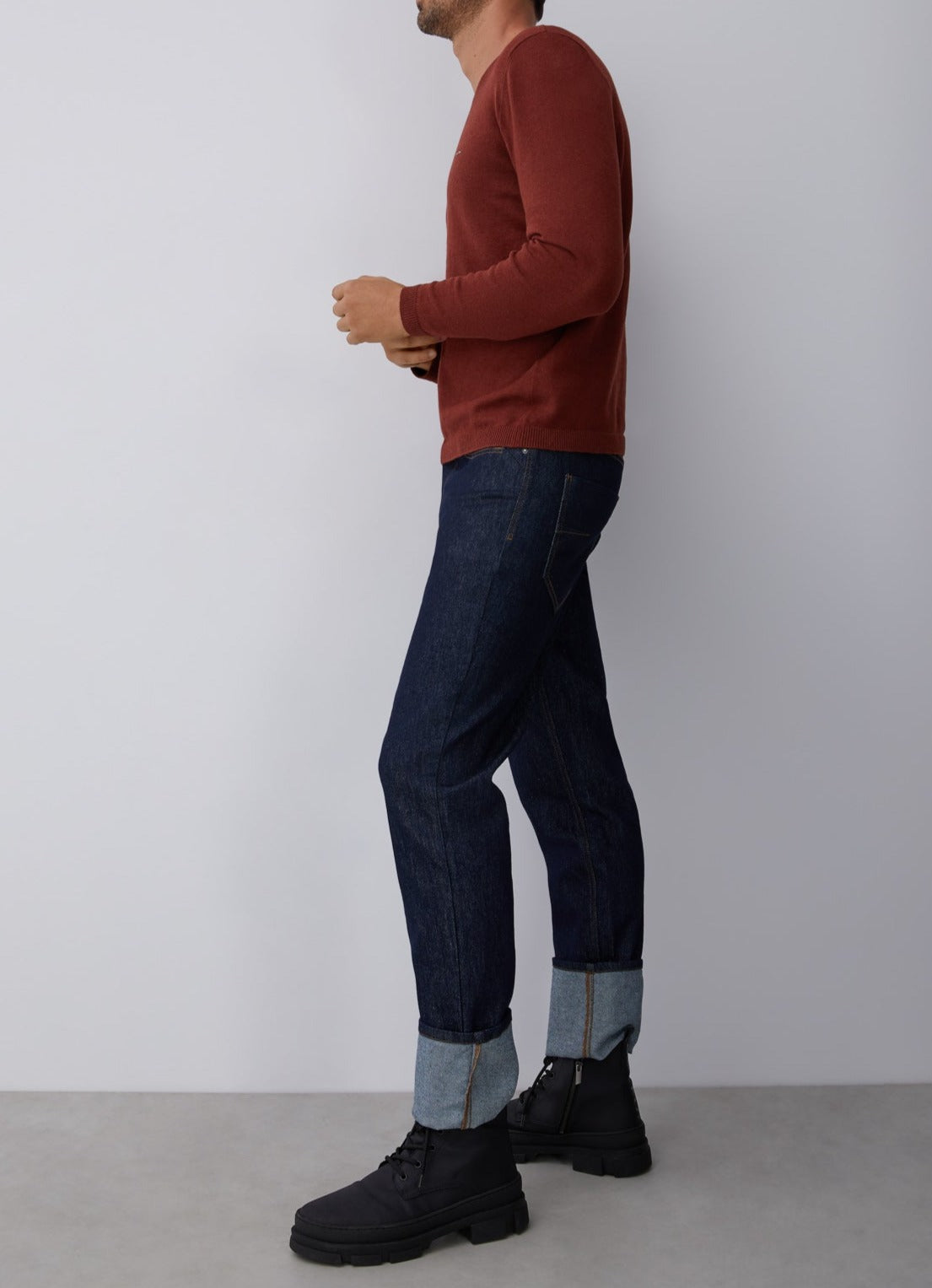 Red V-Neckline Sweater With Roll Edge Collar