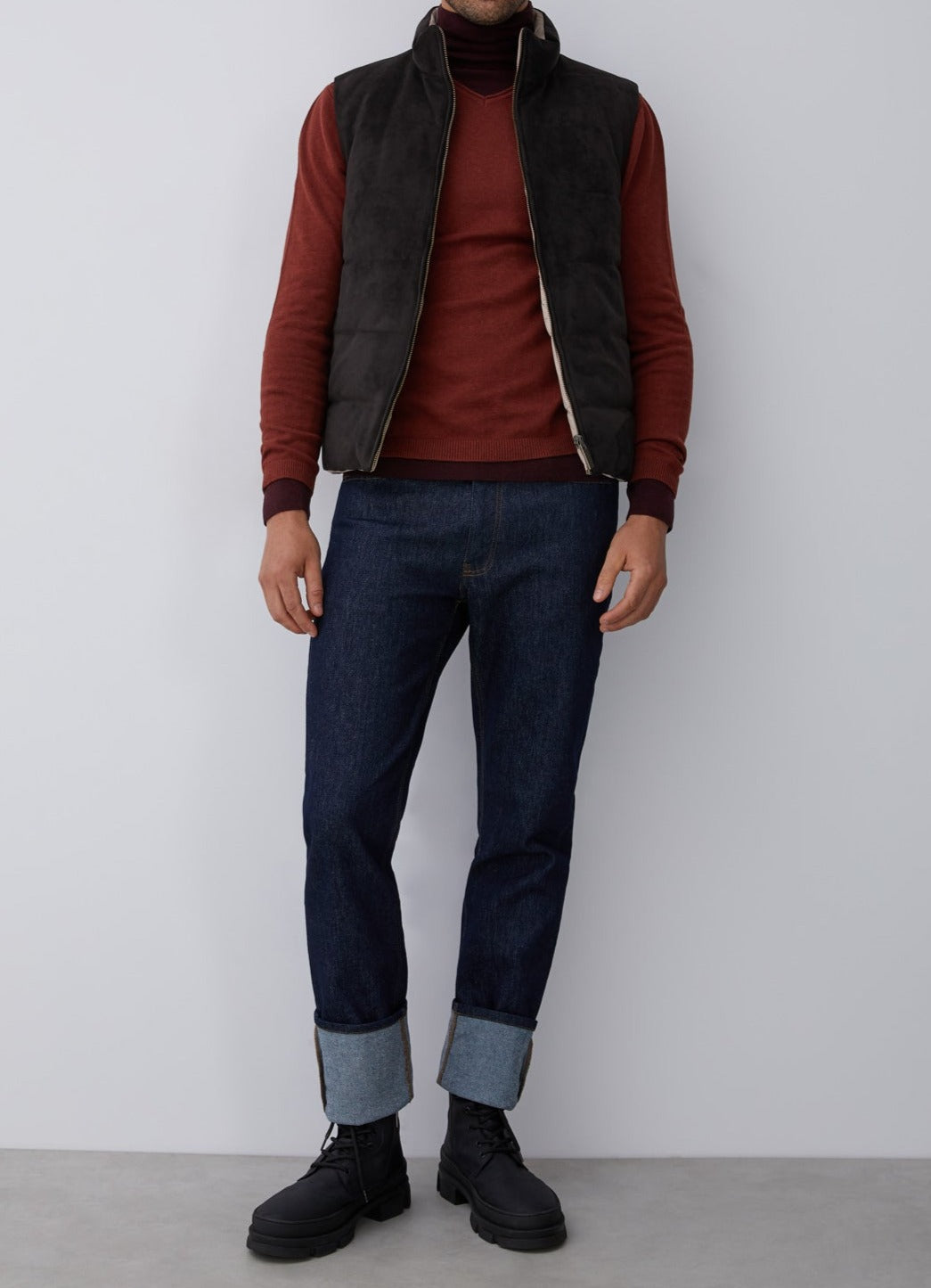 Red V-Neckline Sweater With Roll Edge Collar