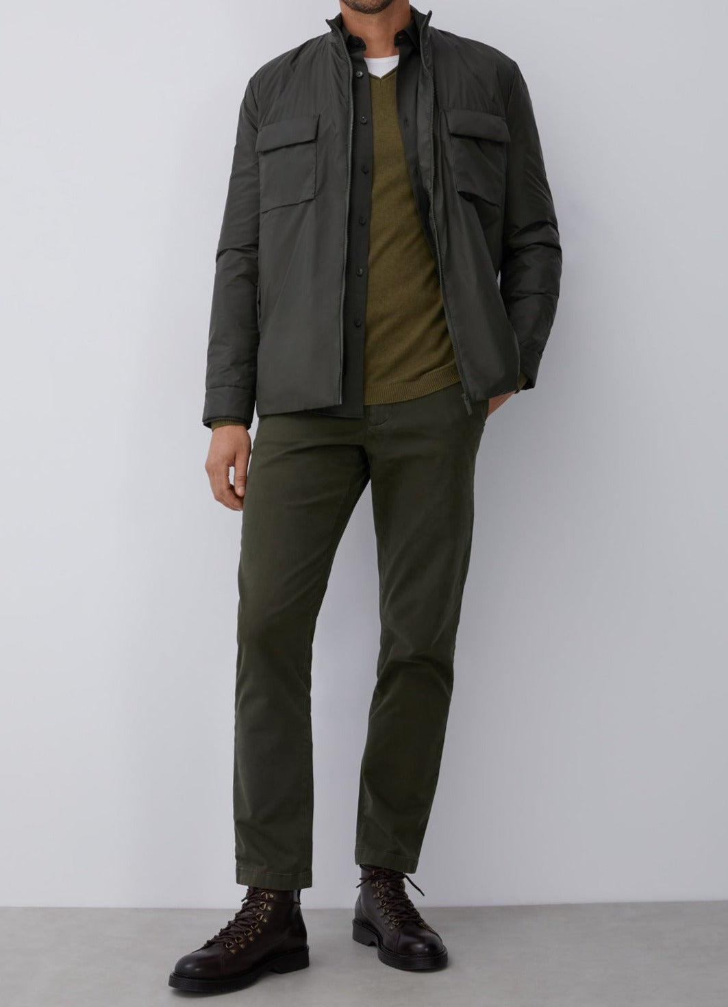 Green V-Neckline Sweater With Roll Edge Collar