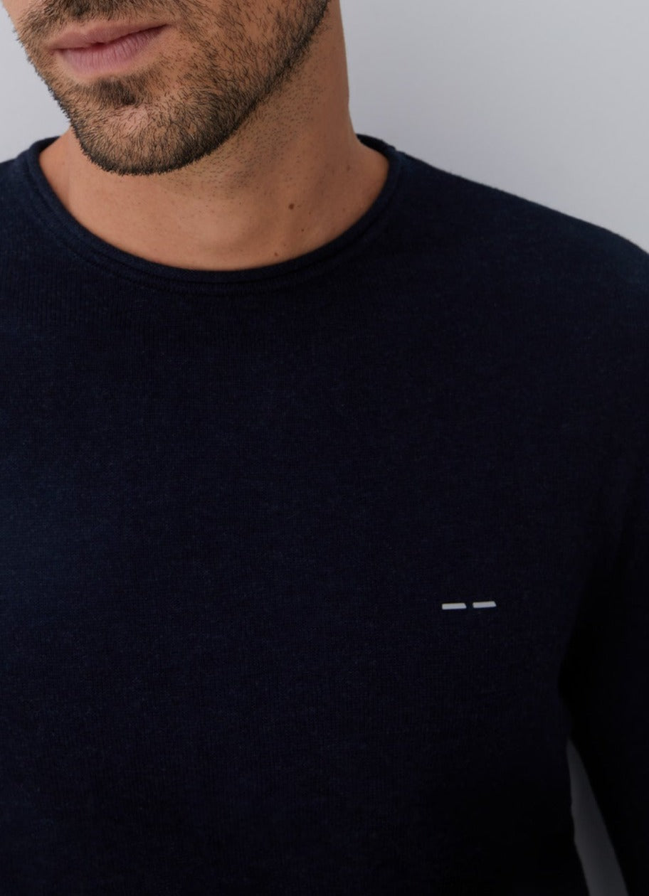 Blue Sweater With Roll Edge Crew Collar