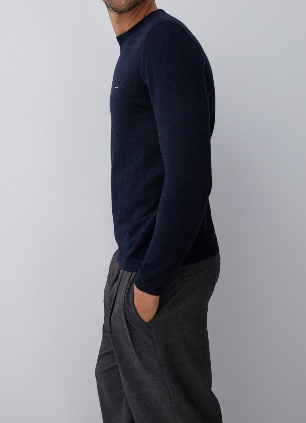 Blue Sweater With Roll Edge Crew Collar
