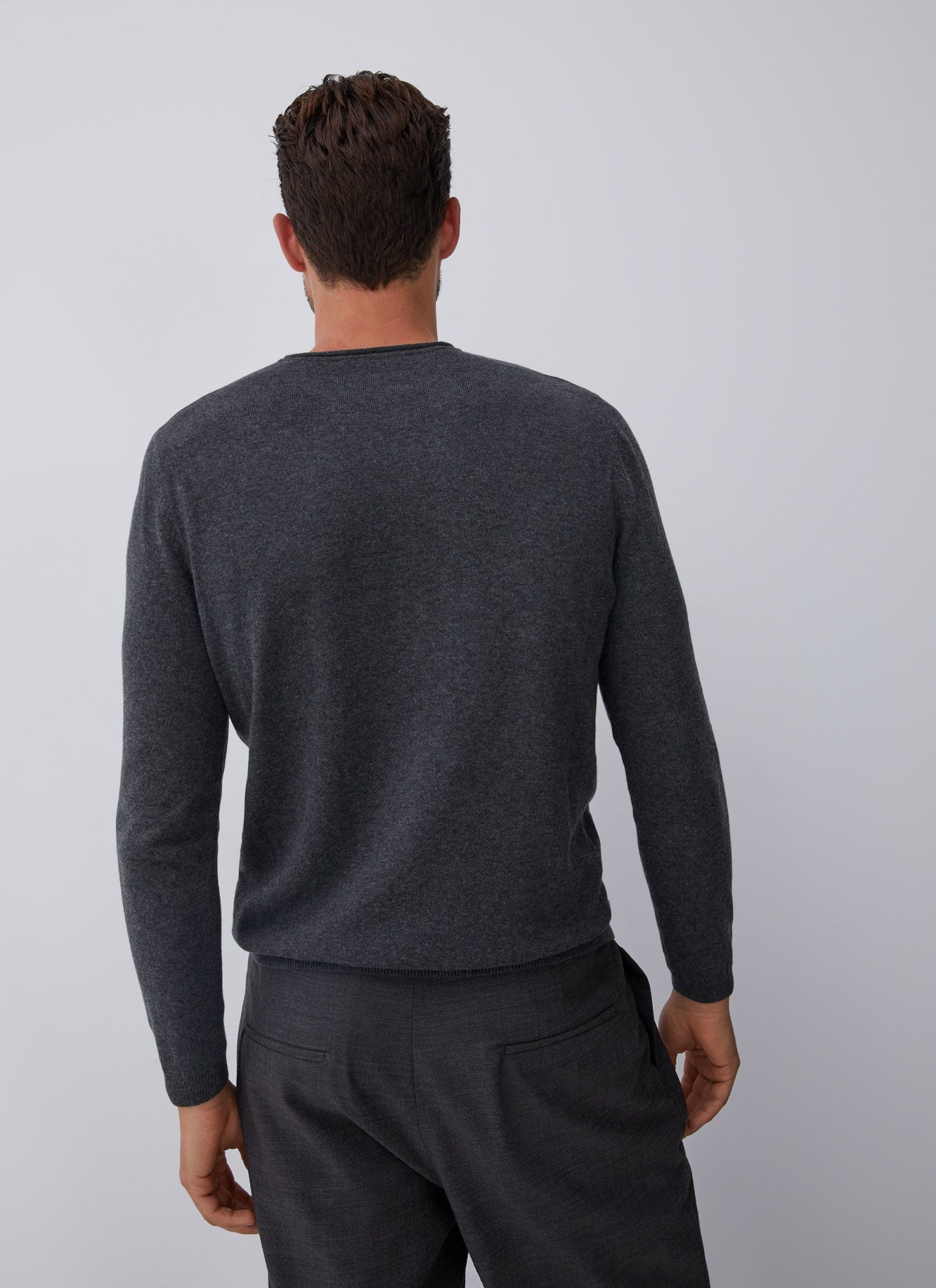 Grey Sweater With Roll Edge Crew Collar