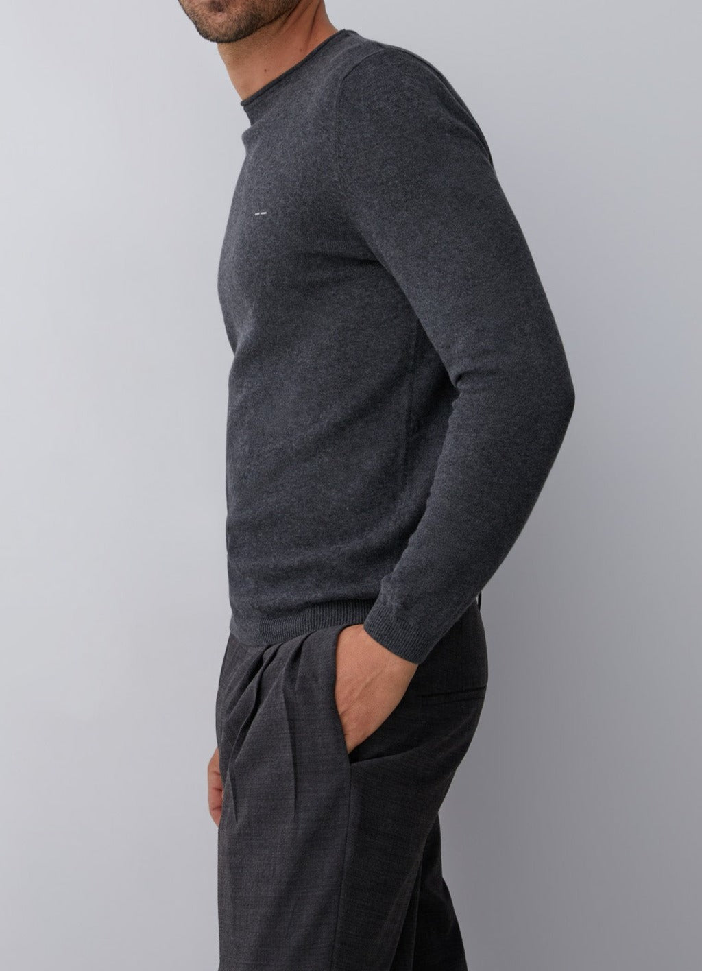 Grey Sweater With Roll Edge Crew Collar