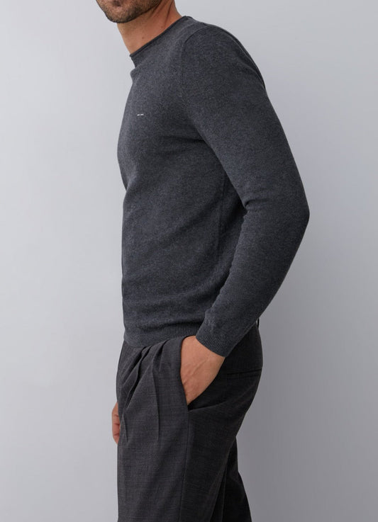 Grey Sweater With Roll Edge Crew Collar