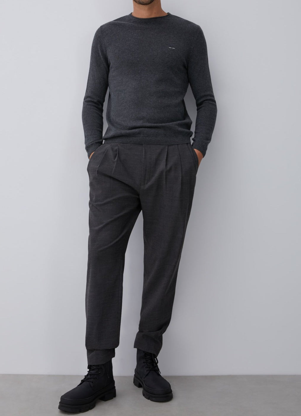 Grey Sweater With Roll Edge Crew Collar