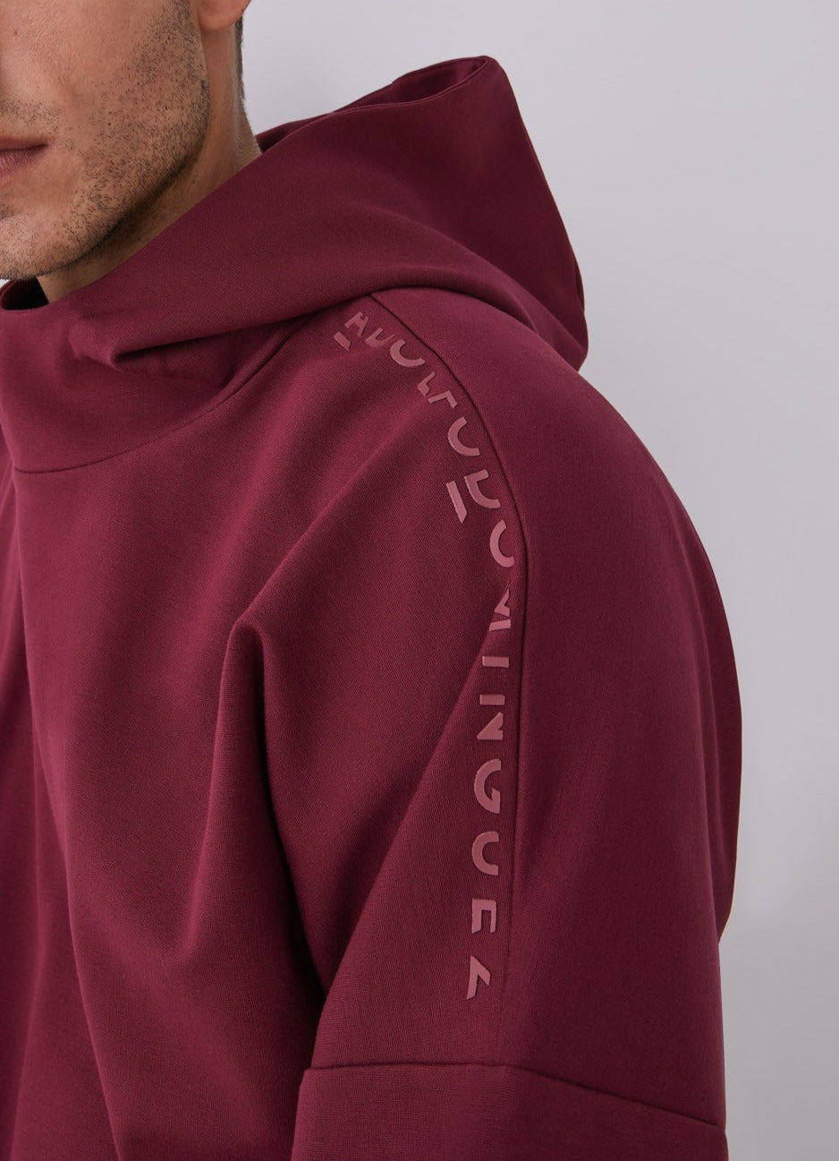 Red Hooded Sweatshirt With Chimney Collar