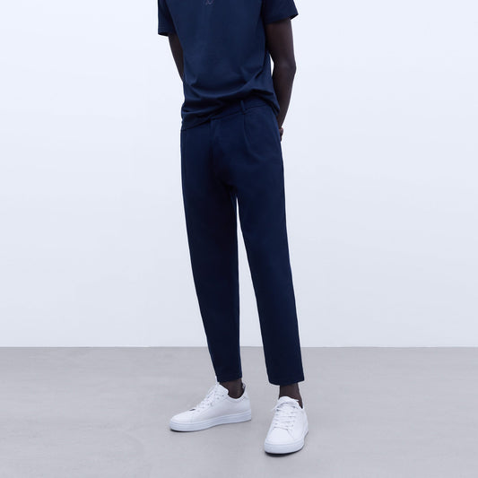 Navy Blue Chino Trousers with Darts