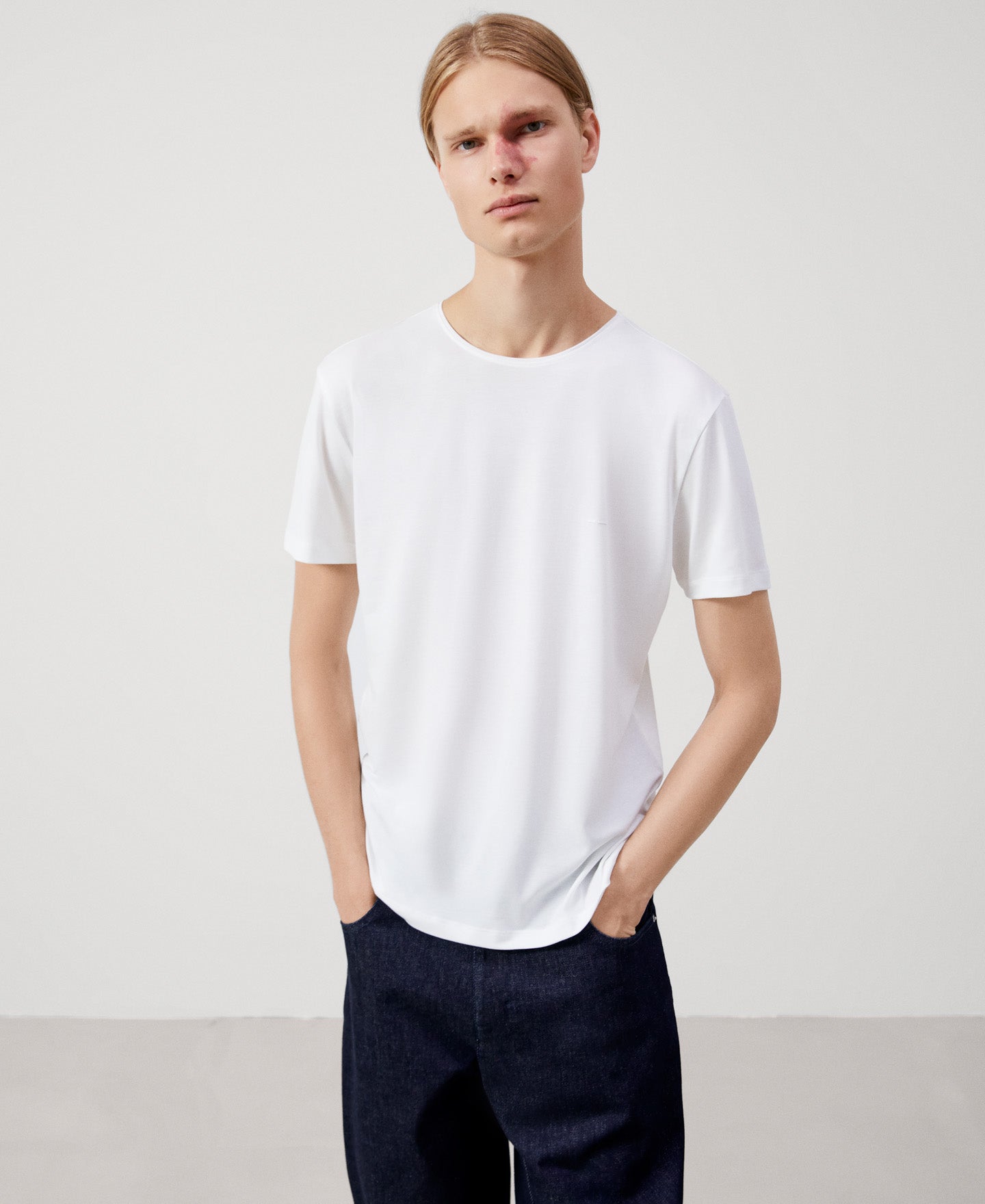 White Lyocell Crew Neck T-Shirt.