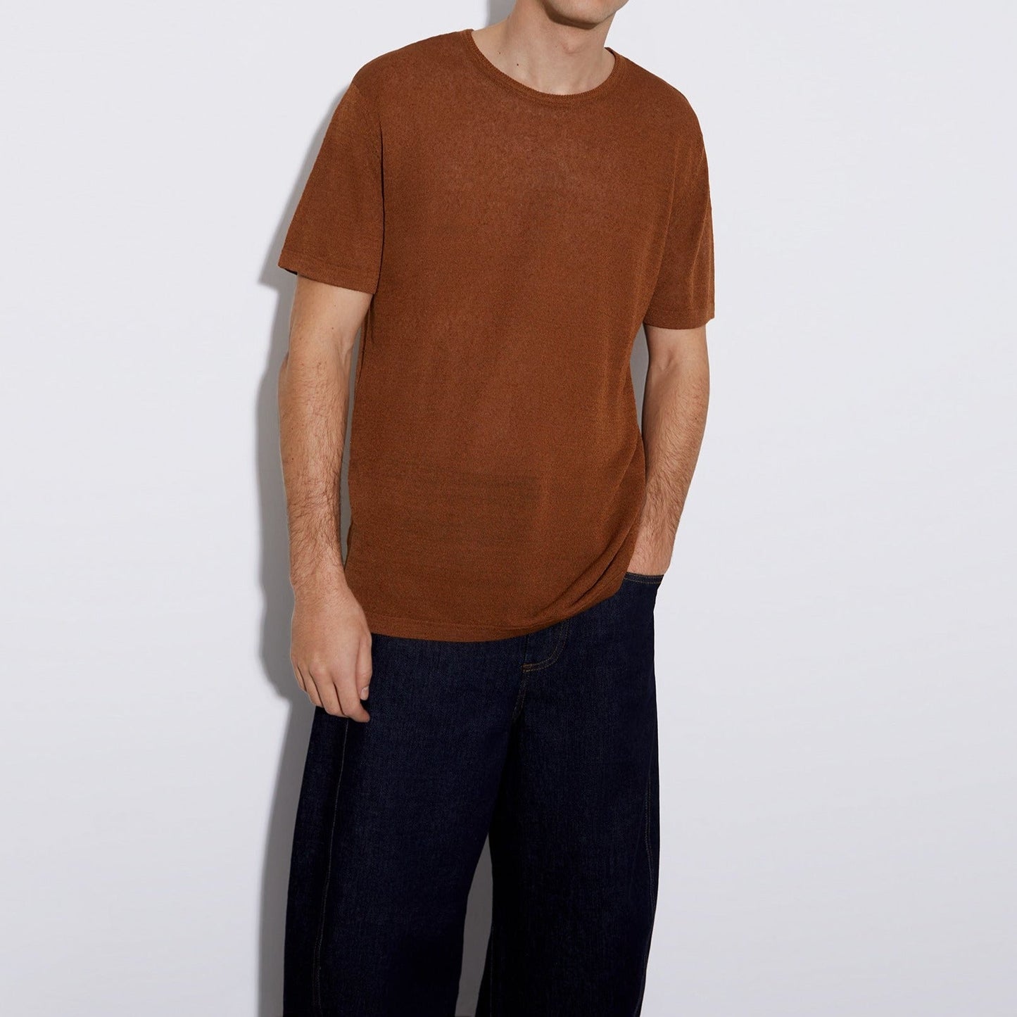 Tobacco Linen And Nylon Crew Neck T-Shirt