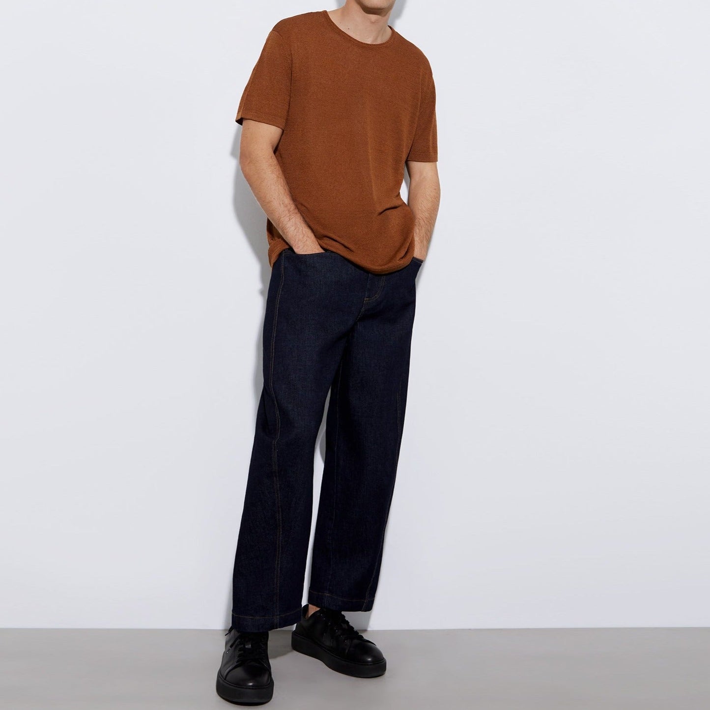 Tobacco Linen And Nylon Crew Neck T-Shirt