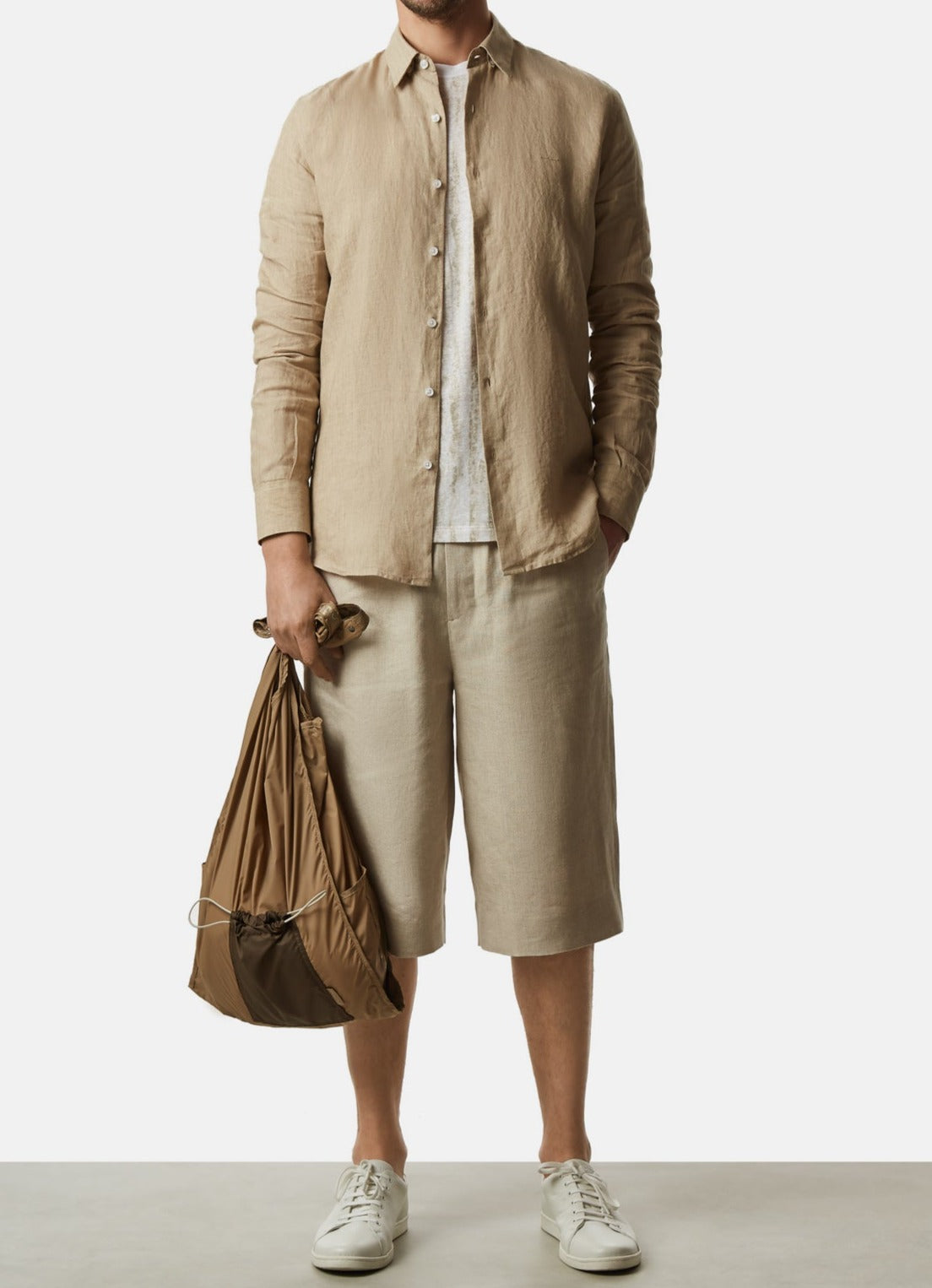 White Print Striped Linen T-Shirt