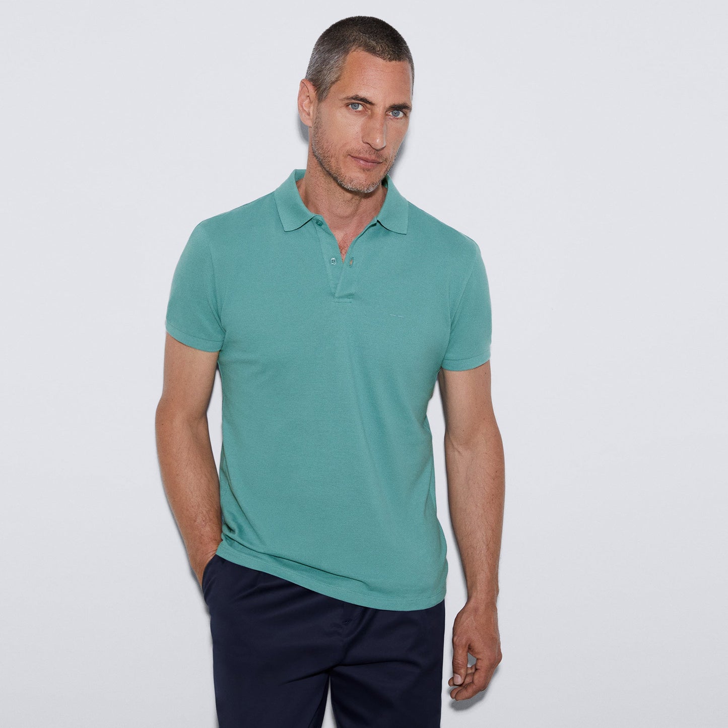 Topaz Blue Cotton Pique Two Button Polo Shirt