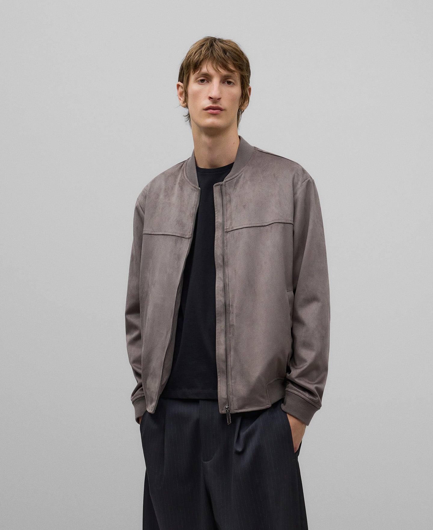 Bomber jacket with front zip man in taupe