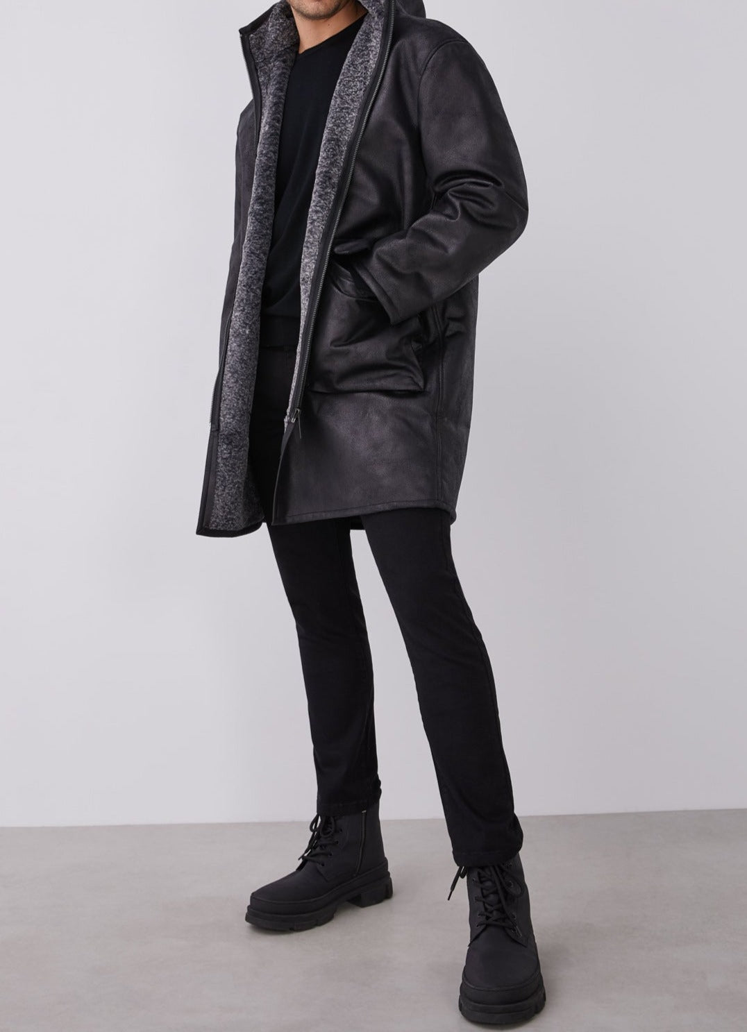 Black Responsible Leather Hooded Three-Quarter Coat