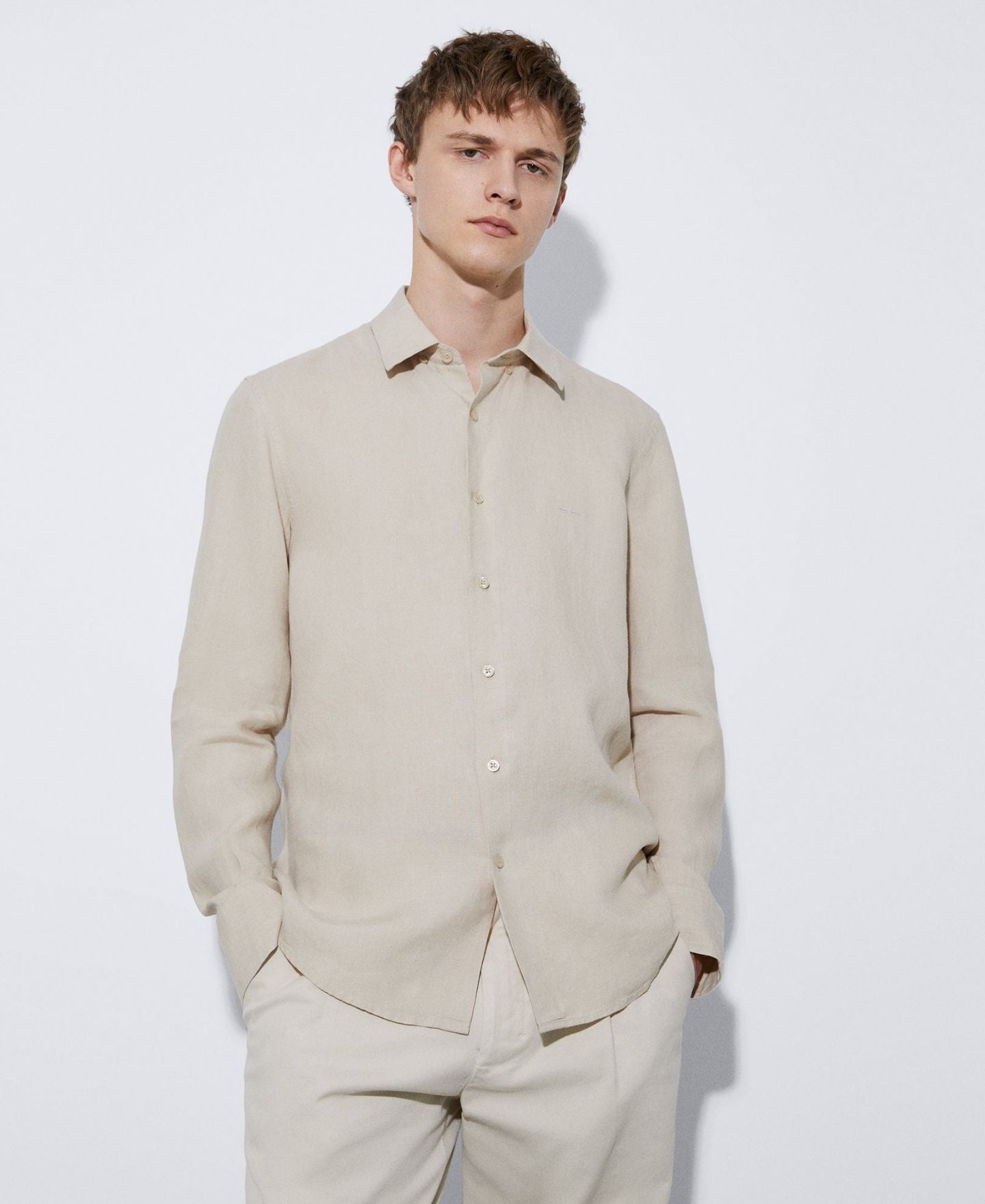 Ecru Linen Lapel Collar Shirt