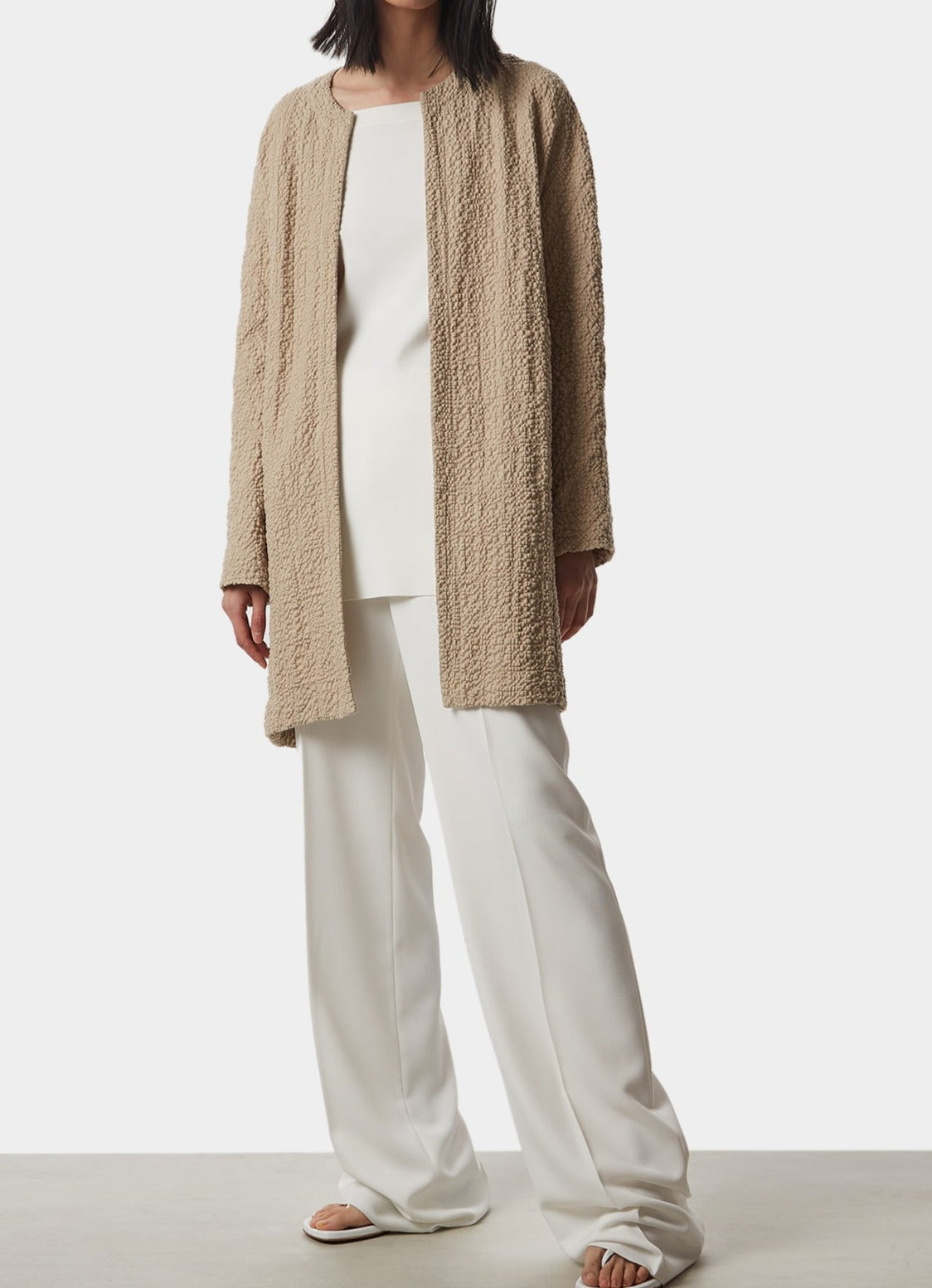 Beige Bouclé Cotton Fluid Coat