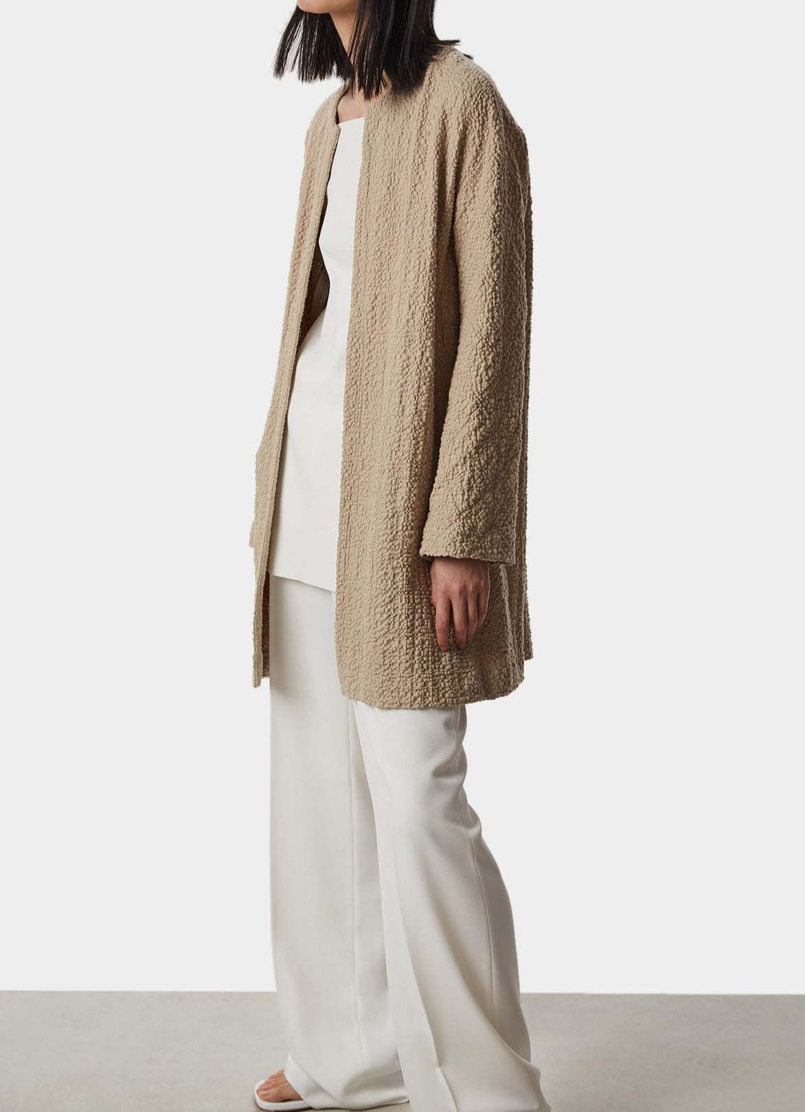 Beige Bouclé Cotton Fluid Coat