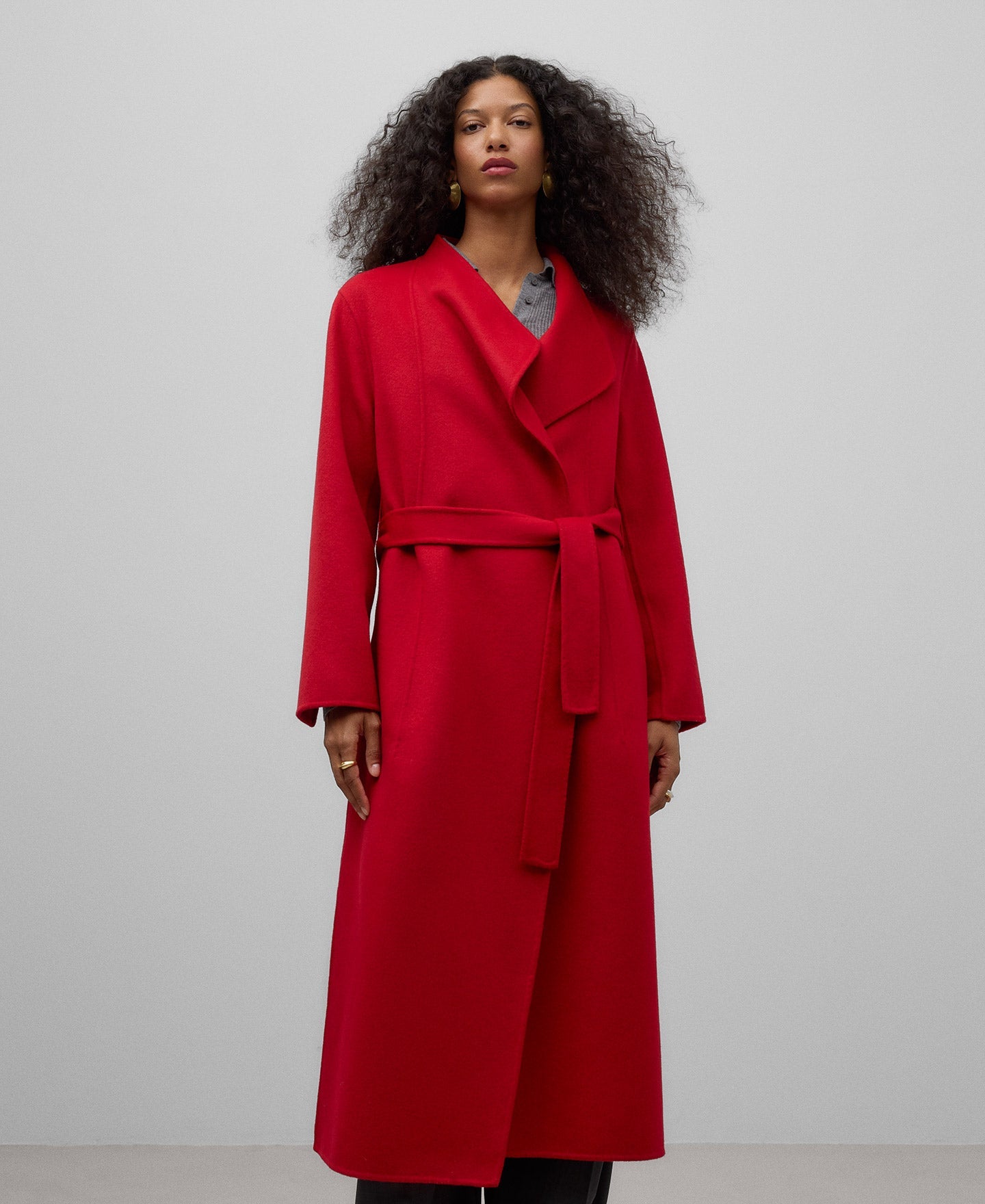 Belted Merino Wool Blend Coat in Red