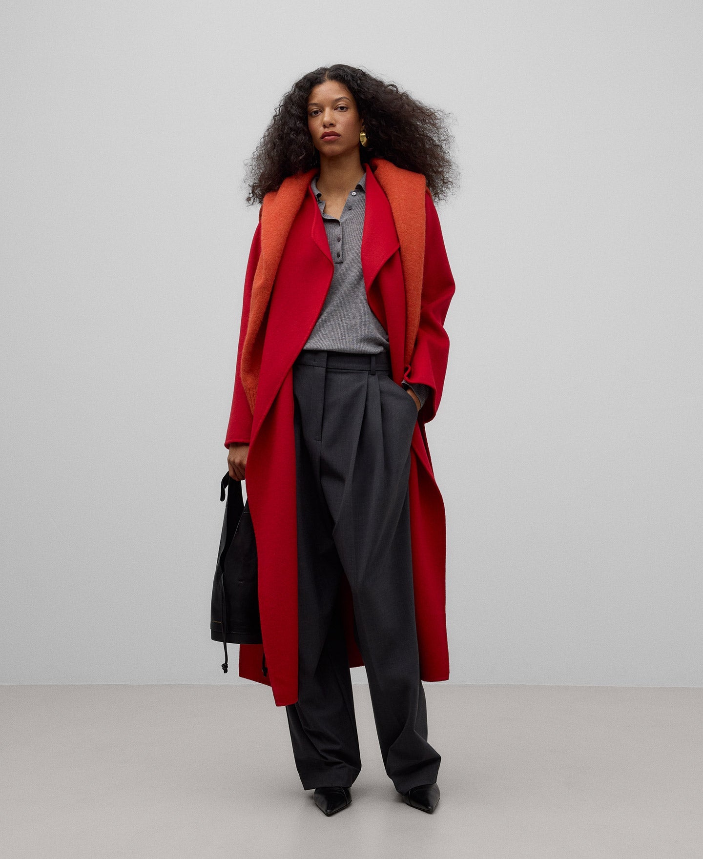 Belted Merino Wool Blend Coat in Red