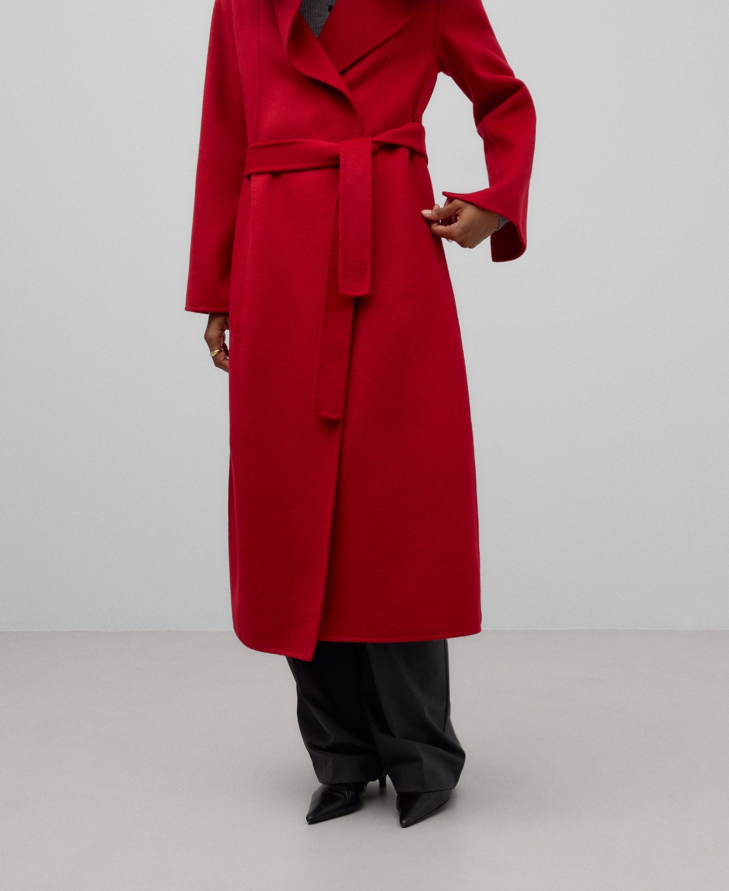 Belted Merino Wool Blend Coat in Red