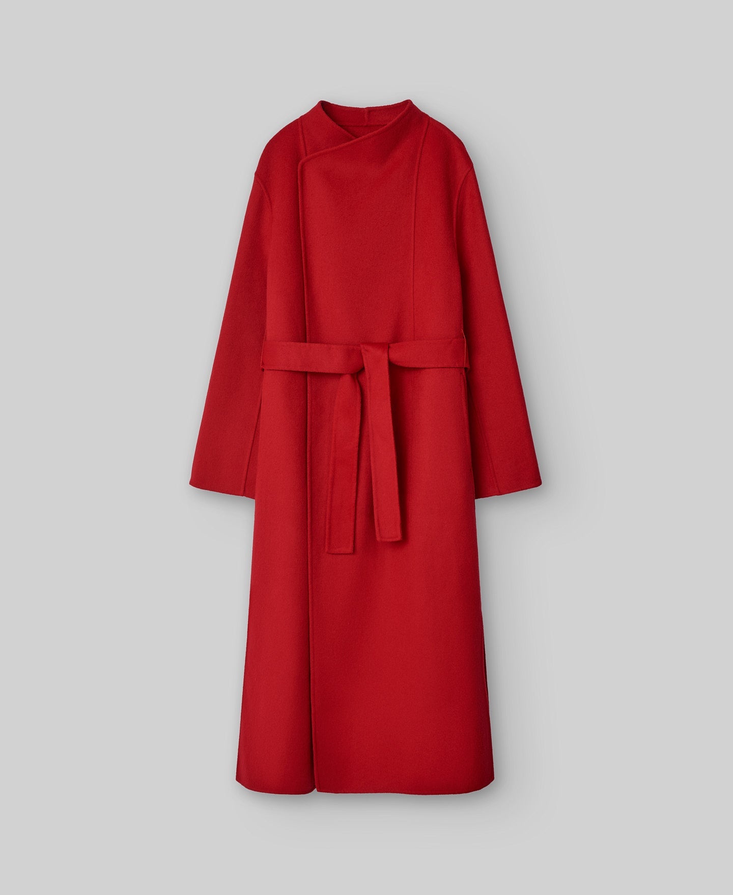 Belted Merino Wool Blend Coat in Red