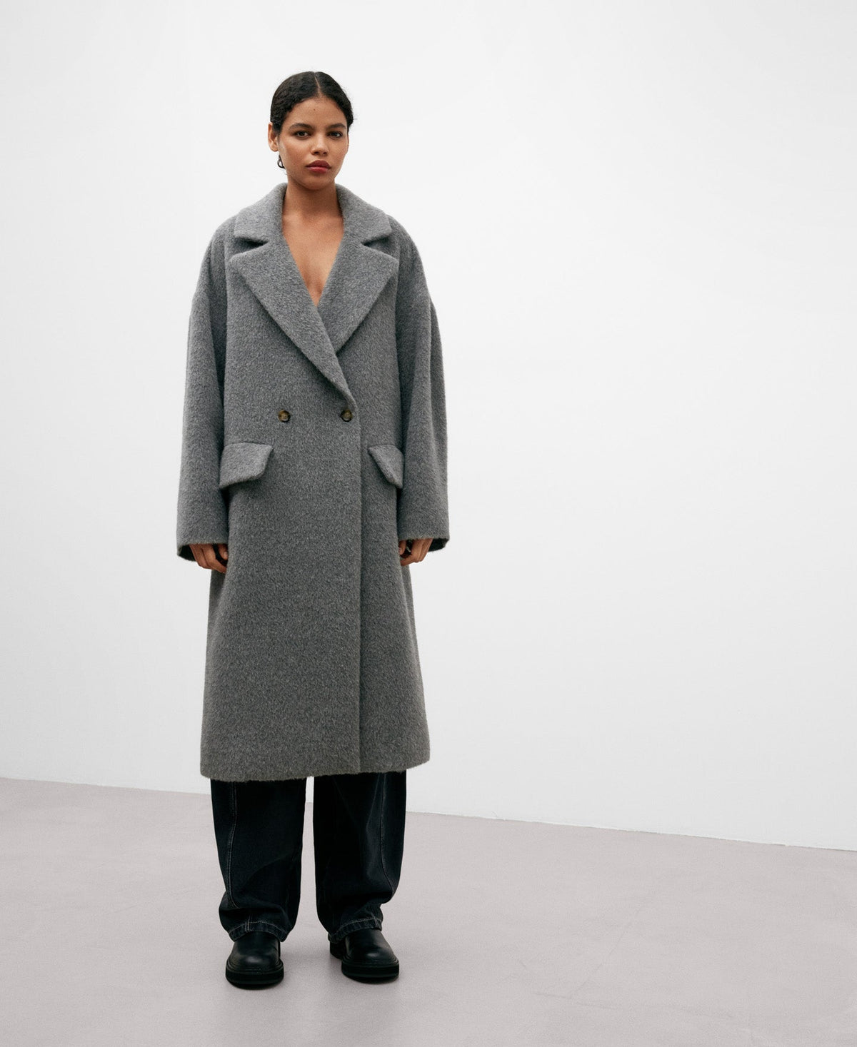 Grey Alpaca Woven Coat For Women
