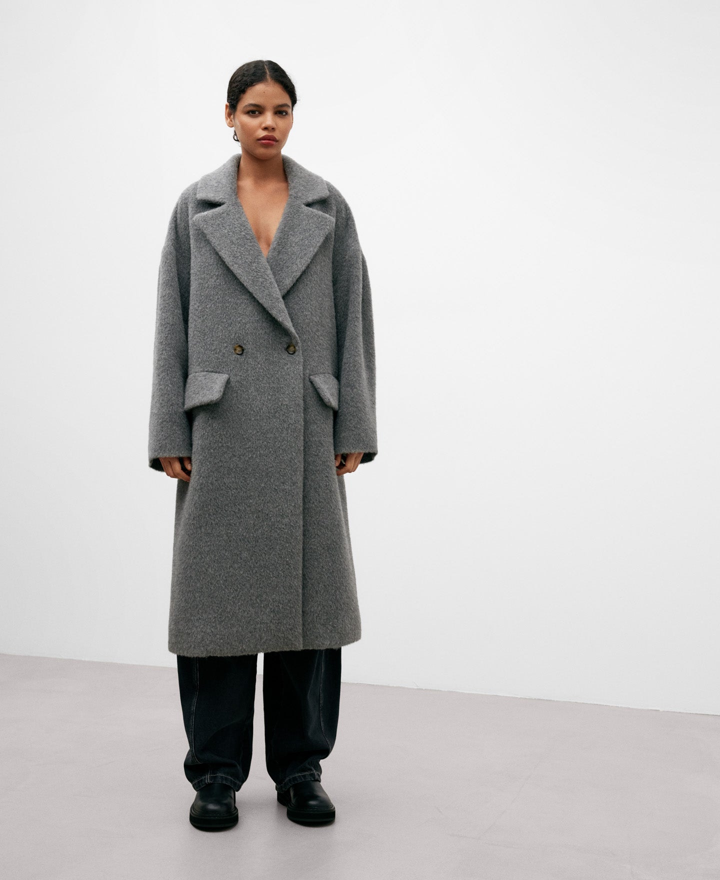 Grey Alpaca Woven Coat For Women