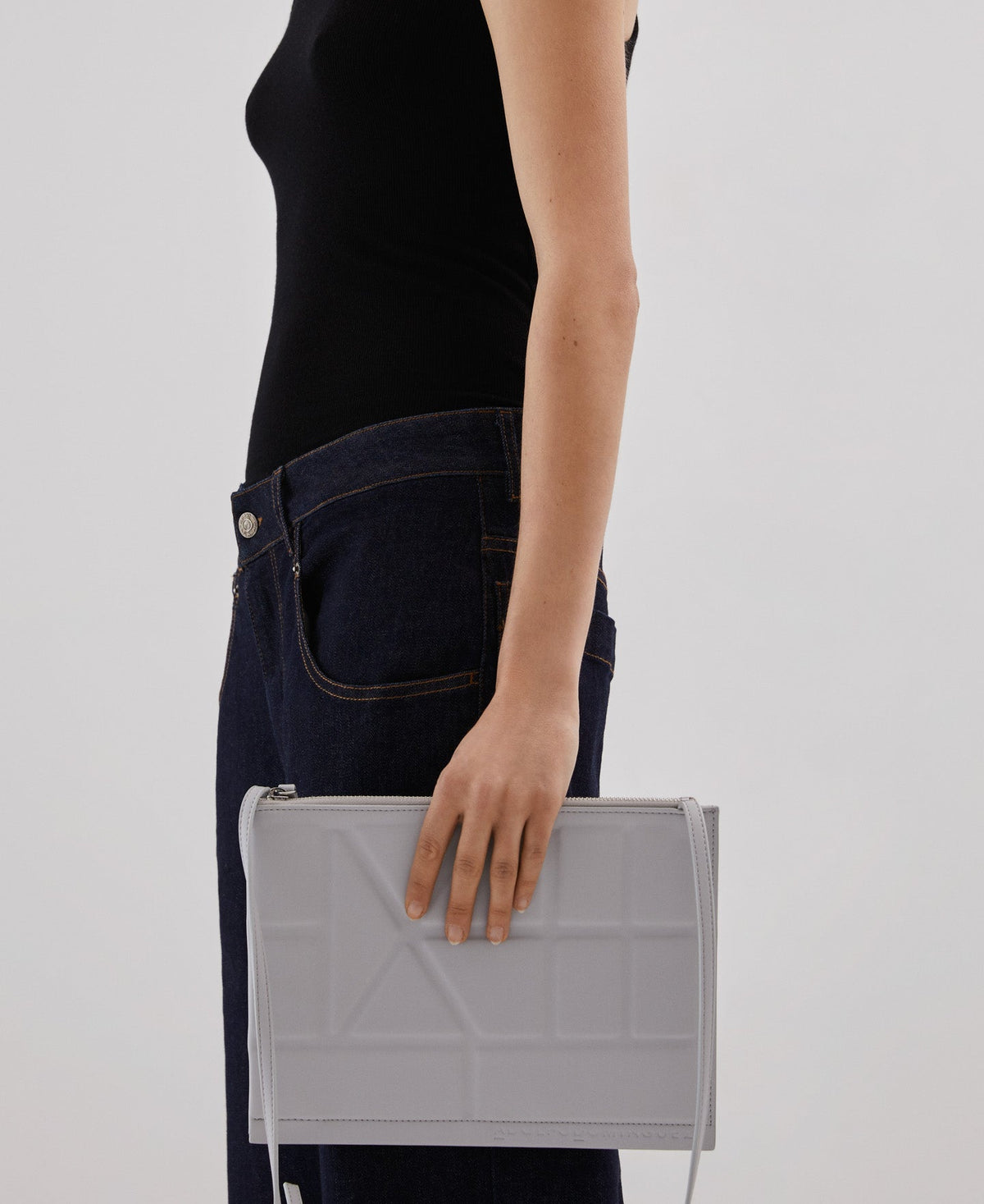 Grey Flat Crossbody Bag With Geometric Lines
