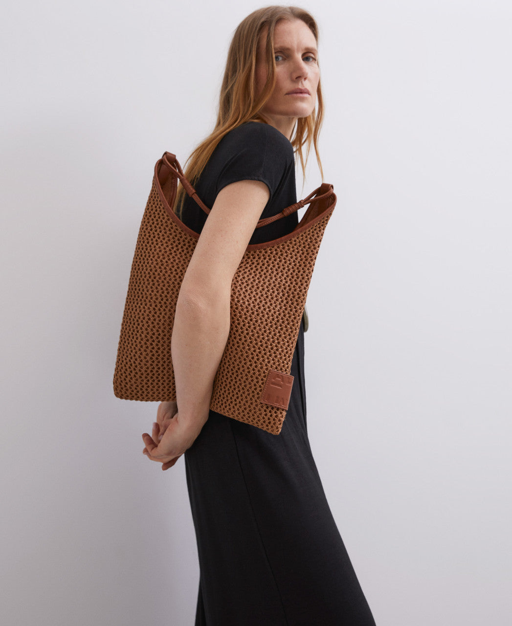 Camel Openwork Raffia Hobo Bag